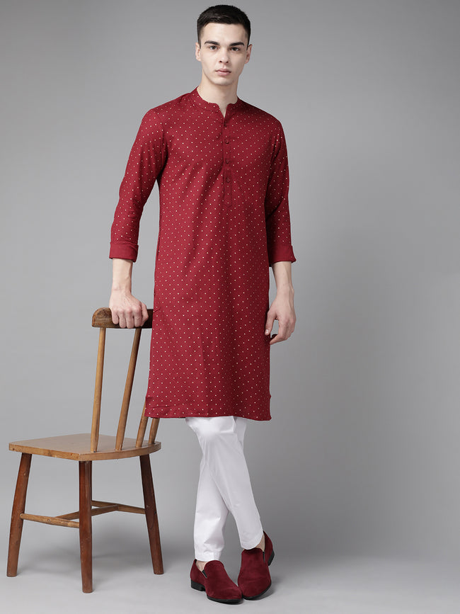 Men Maroon & Gold Printed Straight Kurta
