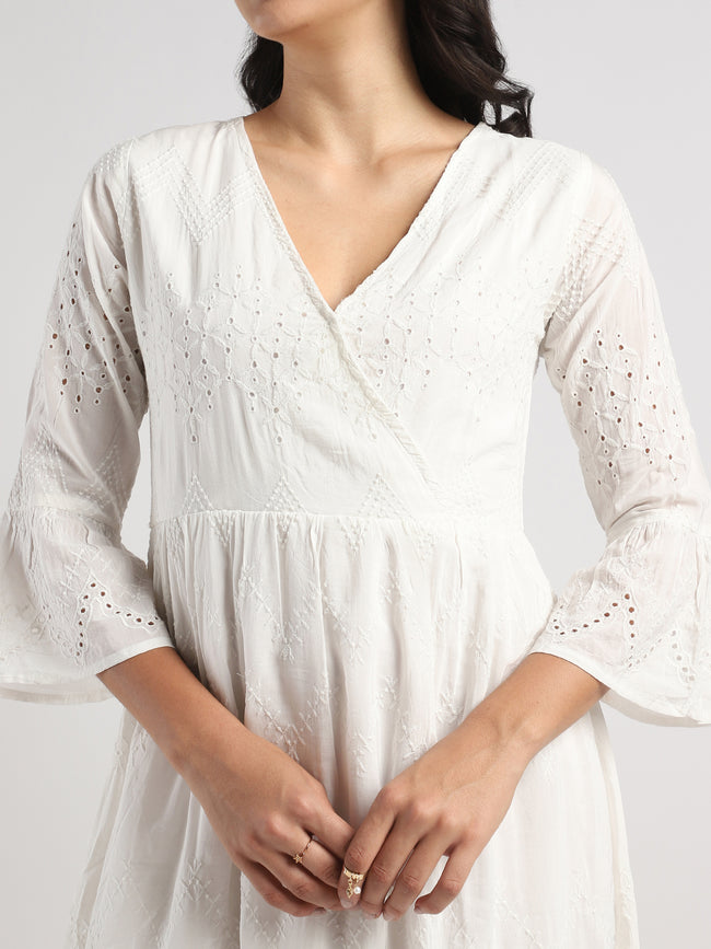 Women White Shiffli Embroidered Midi Dress