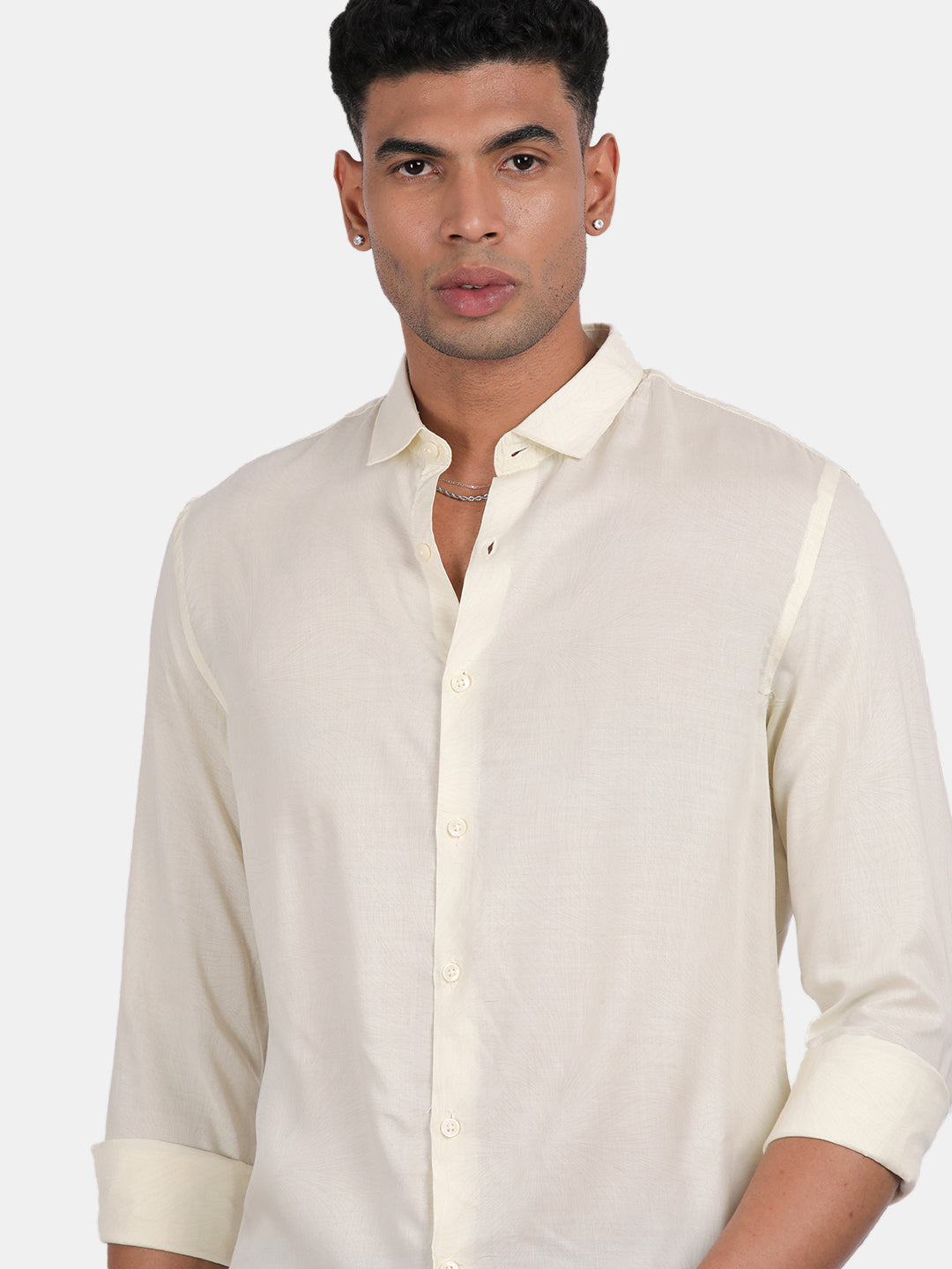 Men Light Cream Slim Fit Spread Collar Full Sleeve Casual Shirt