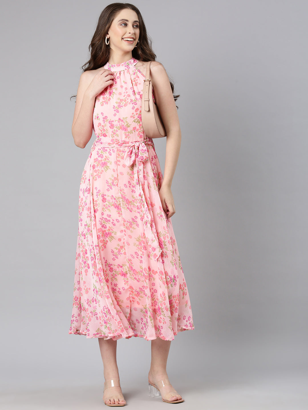 Women Pink Floral Chiffon Dress