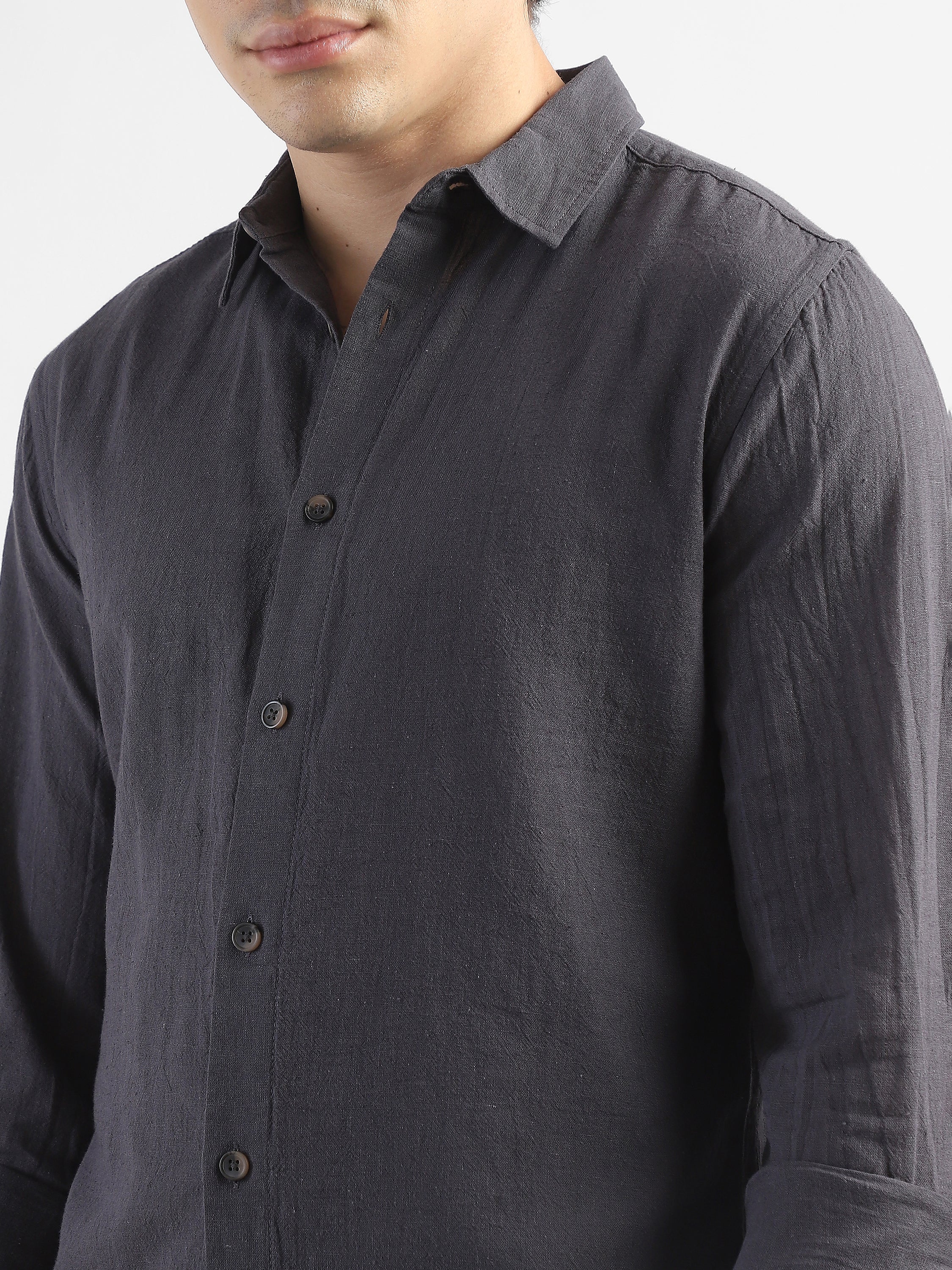 Men Linen Blend Dark Grey Shirt