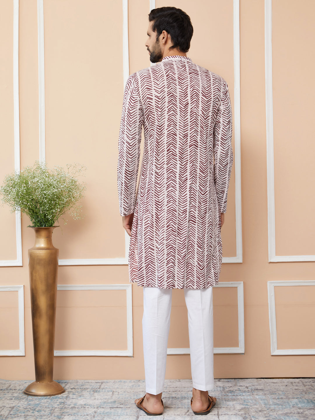 Men Baby Pink-Brown Printed Pure Cotton Straight Kurta