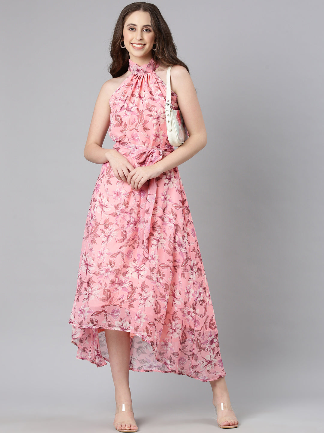 Women Peach Floral Chiffon Dress