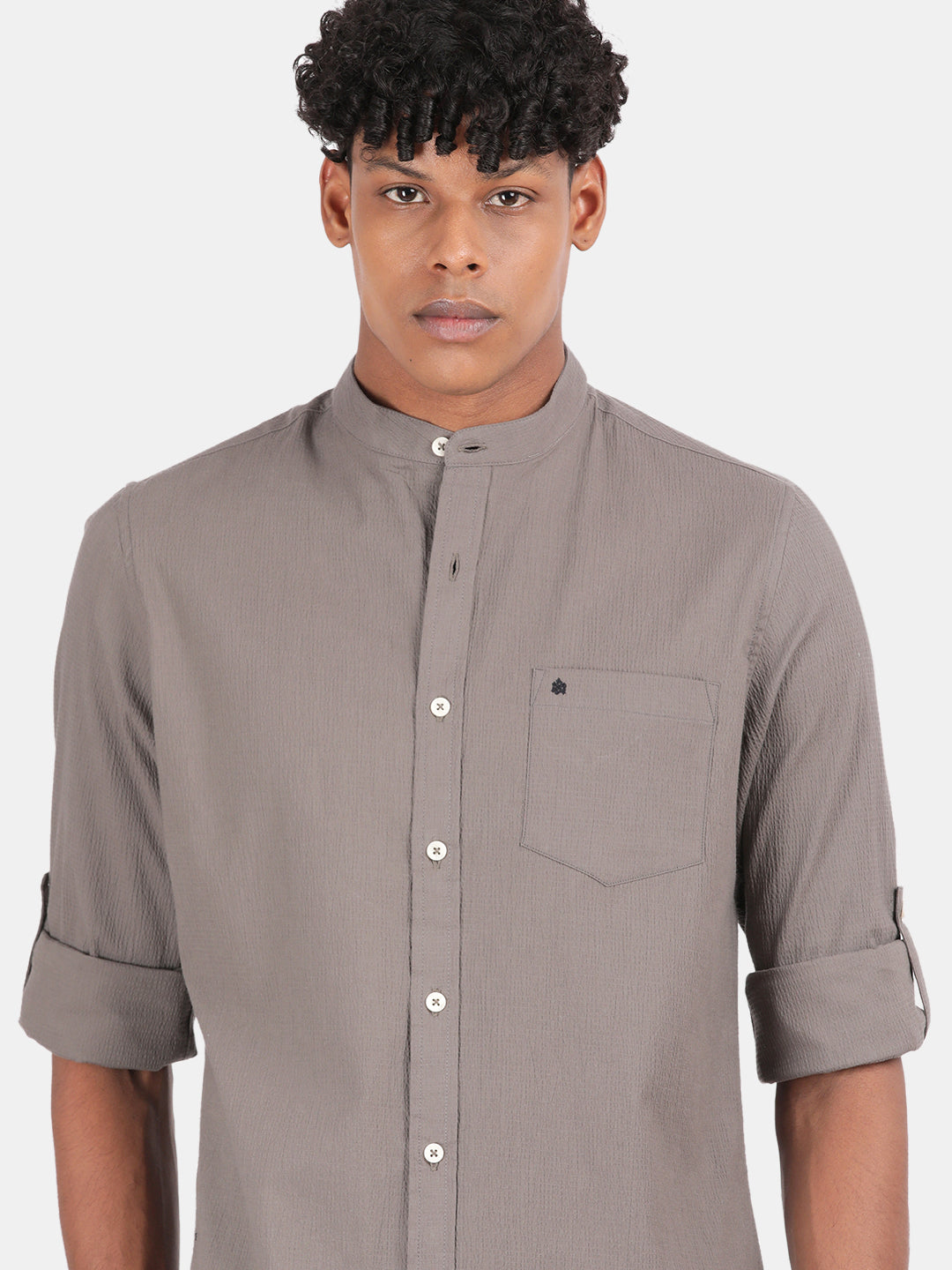 Men Dark Grey Slim Fit Mandarin Collar Full Sleeve Casual Shirt