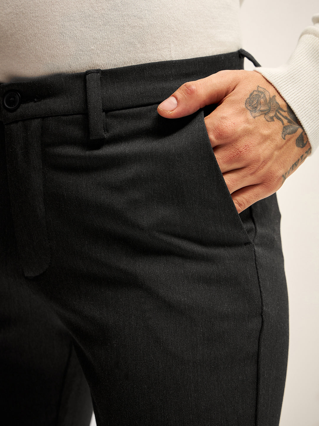 Men Black Solid 4 Way Stretch Formal Trouser