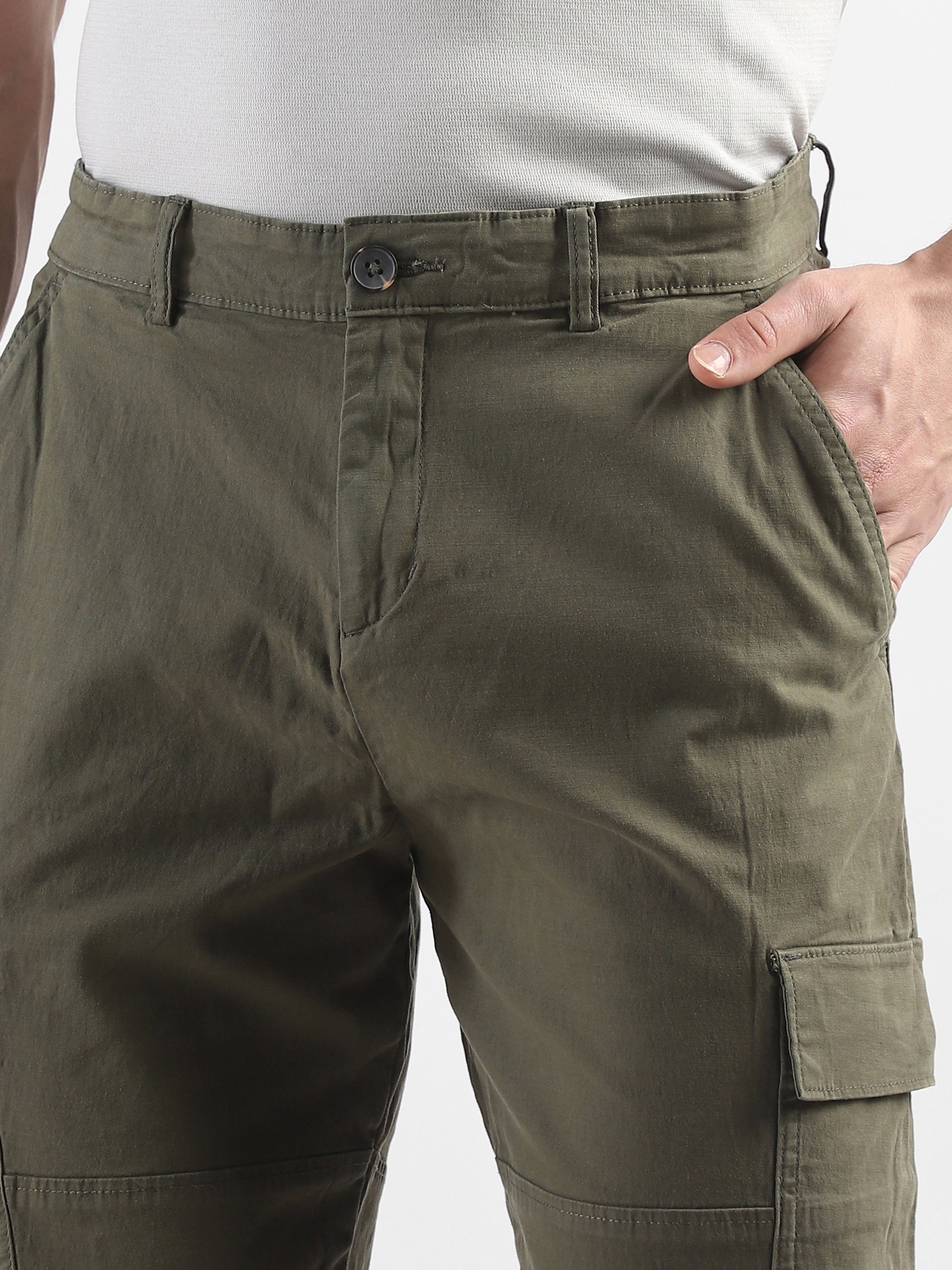 Men Olive Comfort Cargo Pants with 6 Pockets