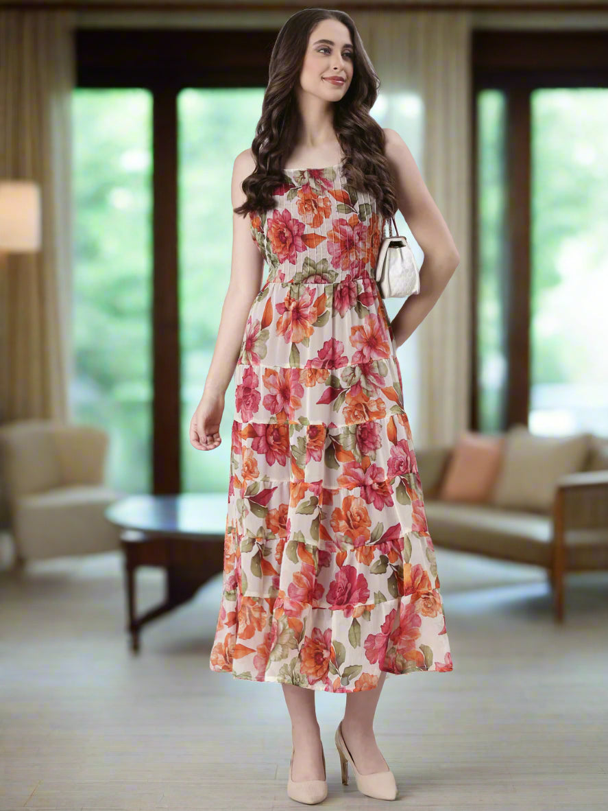 Women Cream Floral Print Tiered Dress