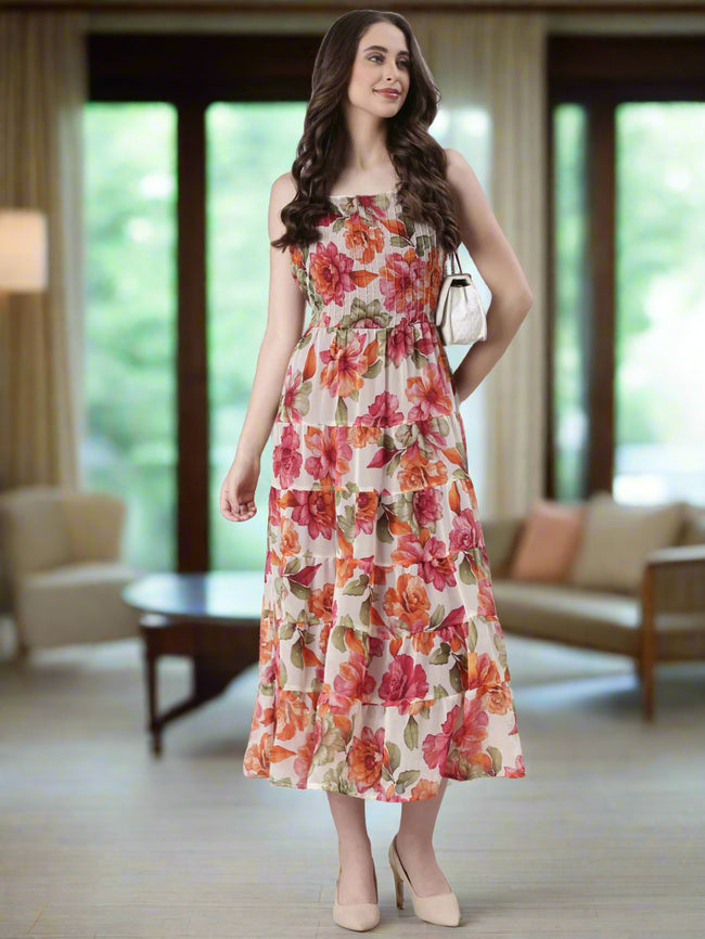Women Cream Floral Print Tiered Dress