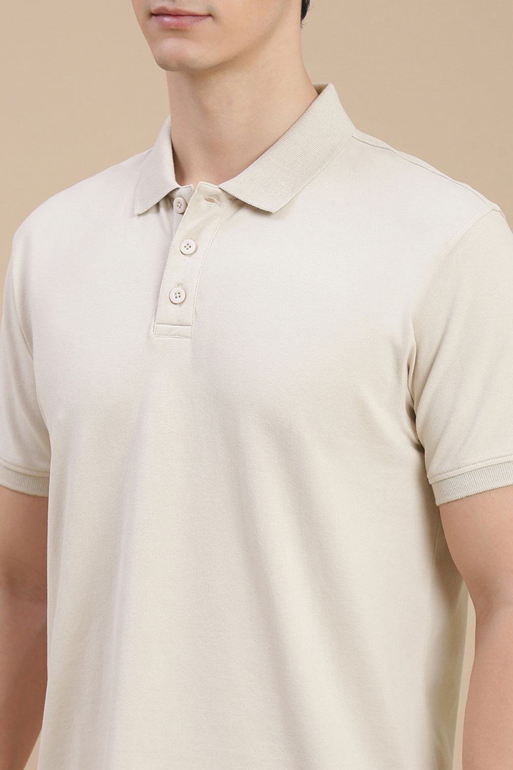 Men Beige Basic Solid Polo T-Shirt