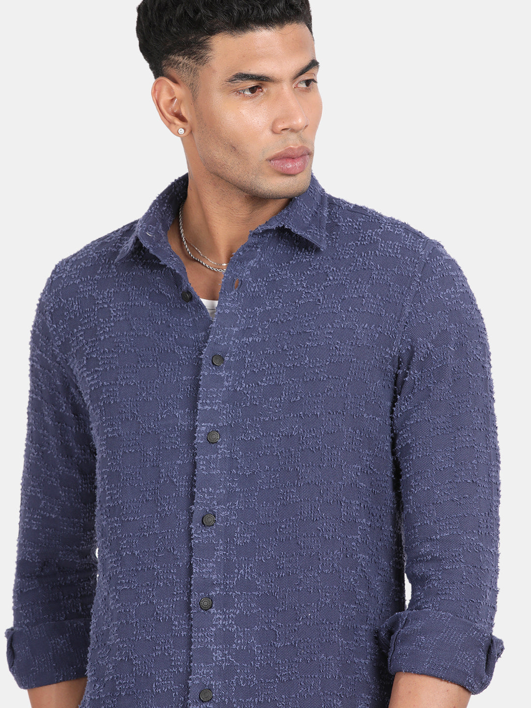 Men Navy Slim Fit Spread Collar Full Sleeve Casual Shirt