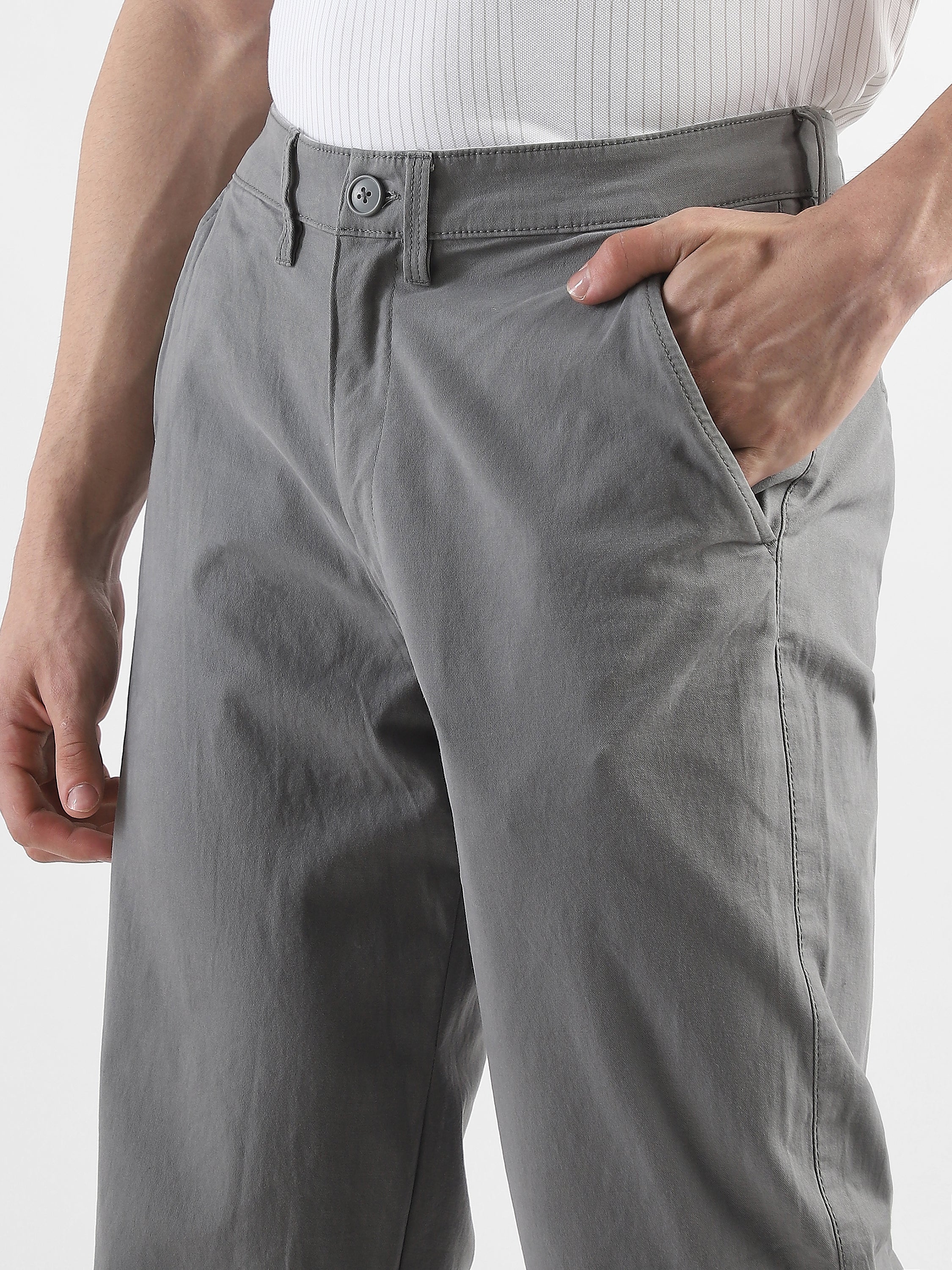 Men Grey Straight Fit Trousers