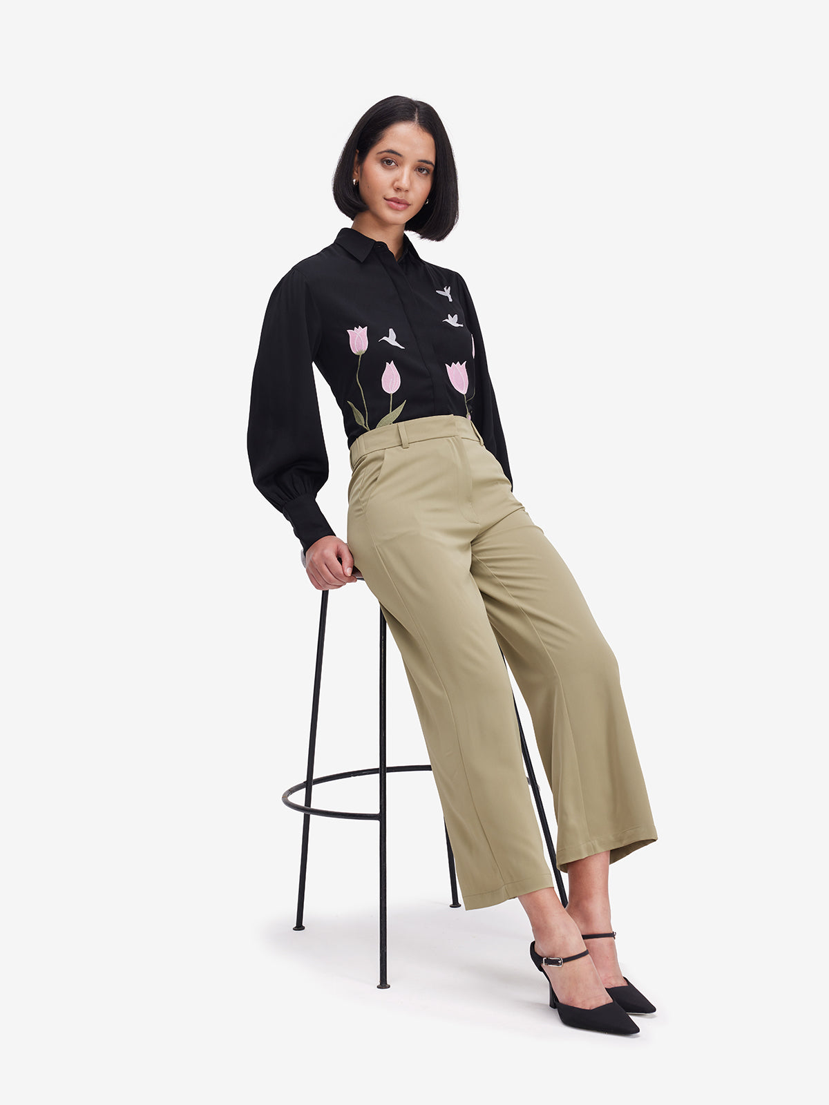 Women Black Luxe Floral Embroidered Shirt