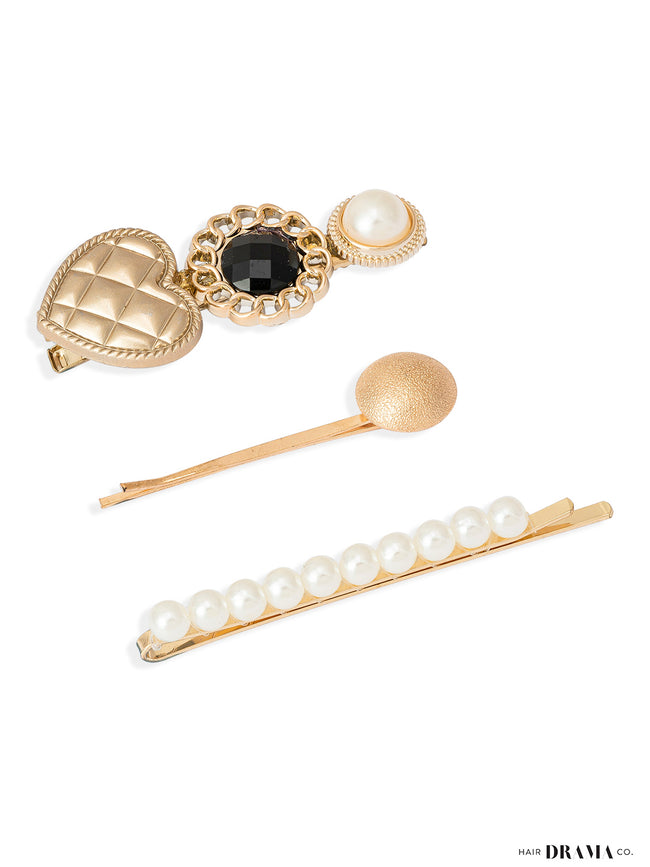Women Black Heart Gold Pins Set Of 3