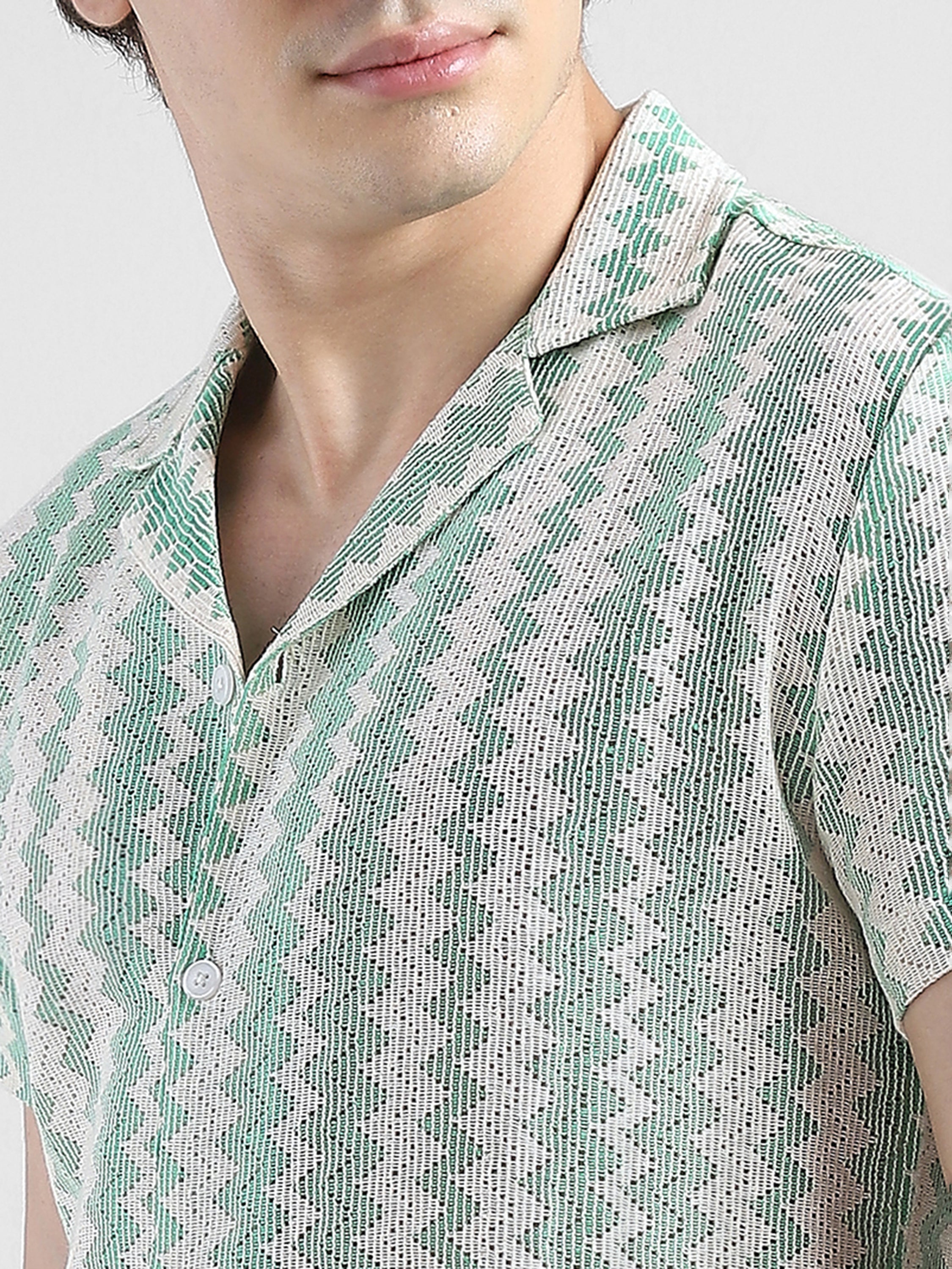 Men Lace See through Green Casual Shirt