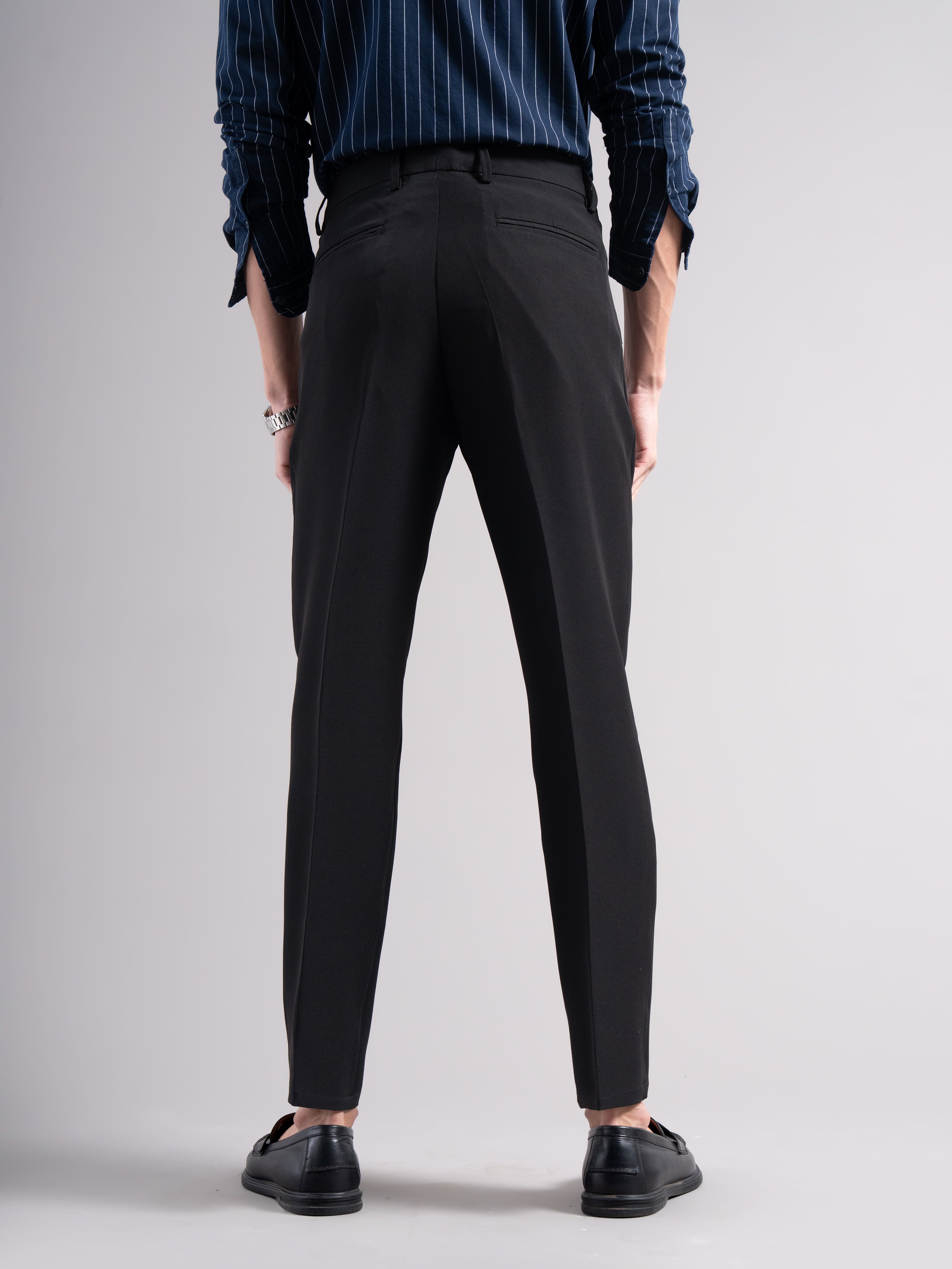 Men Black Pleated Chinos Trousers