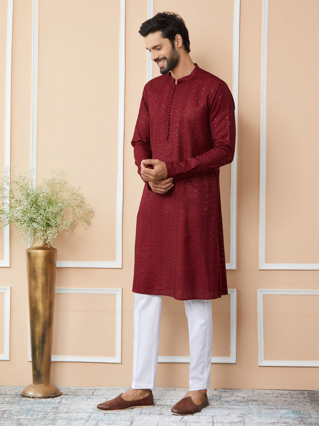 Men Dark Maroon Embroidered Thread Work Sequinned Chanderi Silk Straight Kurta