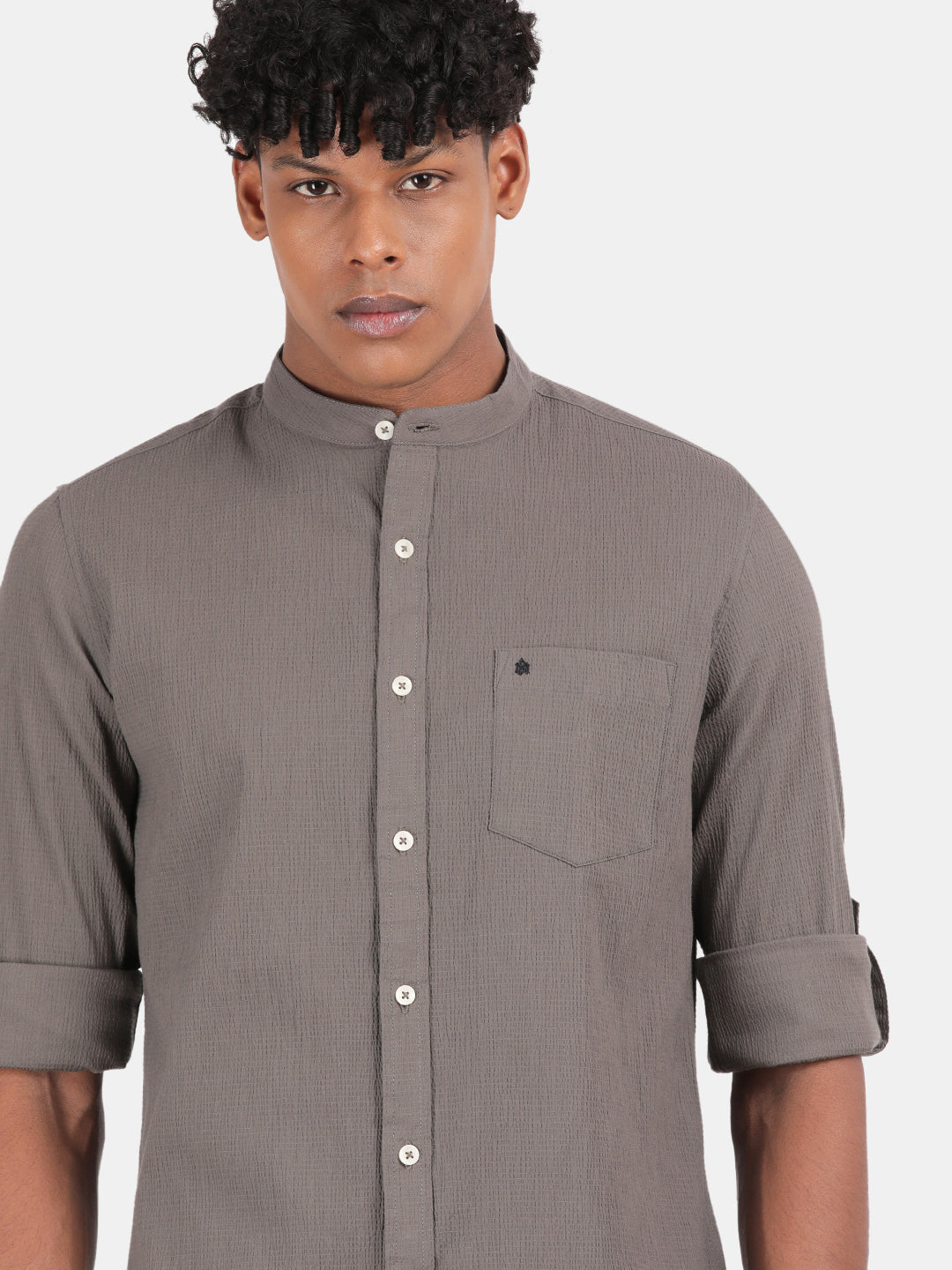 Men Grey Slim Fit Mandarin Collar Full Sleeve Casual Shirt