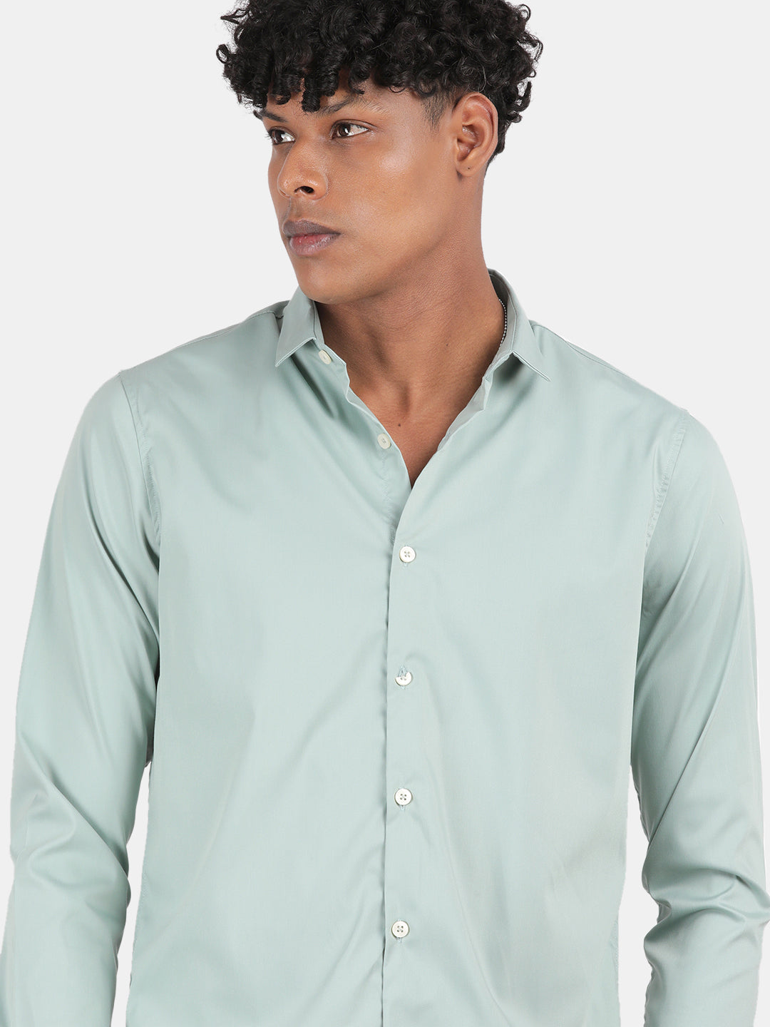 Men Light Green Slim Fit Spread Collar Full Sleeve Casual Shirt