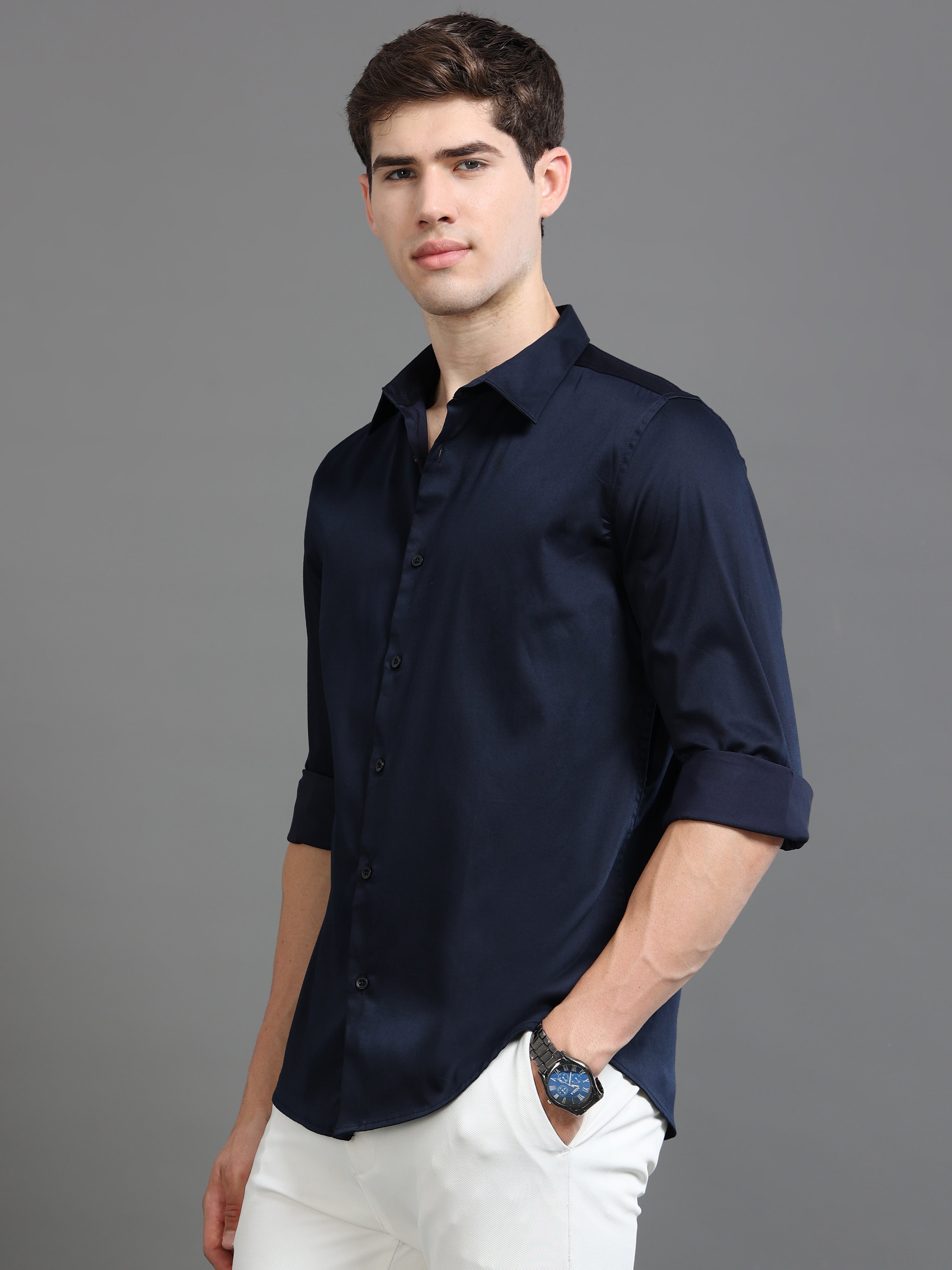 Men Navy  Satin Shirt