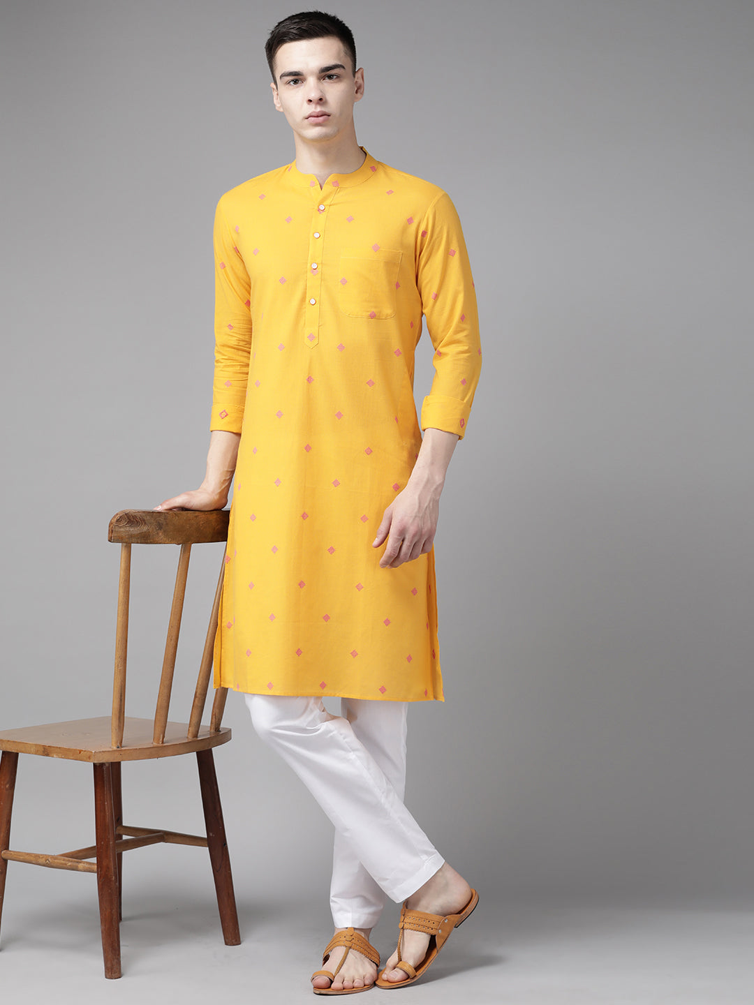 Men Yellow & Maroon  Woven Design Straight Kurta