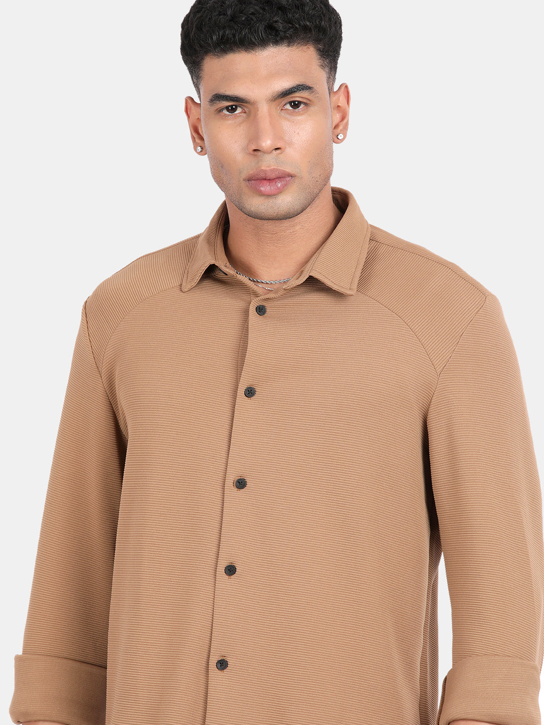 Men Khaki Slim Fit Spread Collar Full Sleeve Casual Shirt