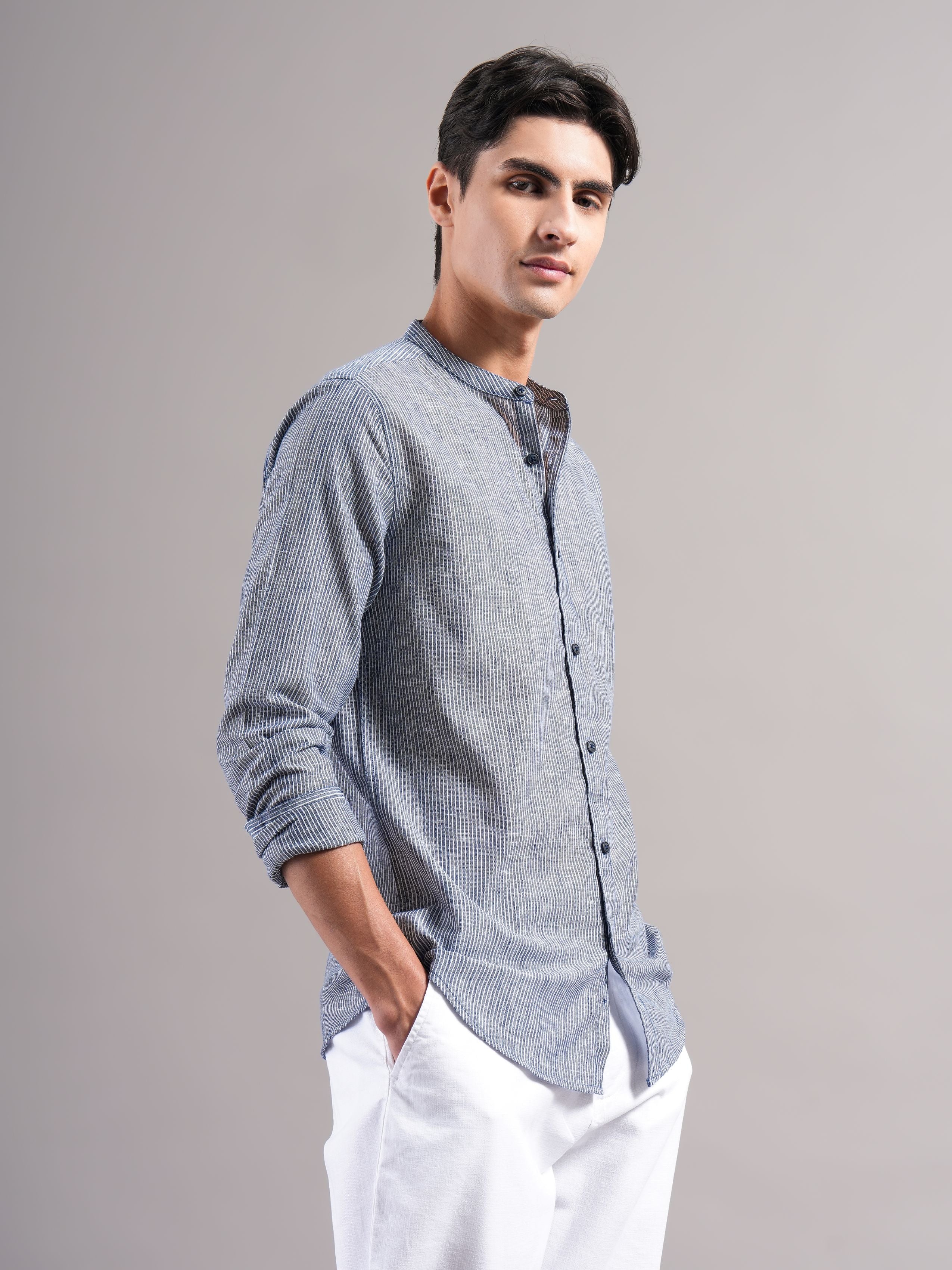 Men Navy Striped Casual Shirt