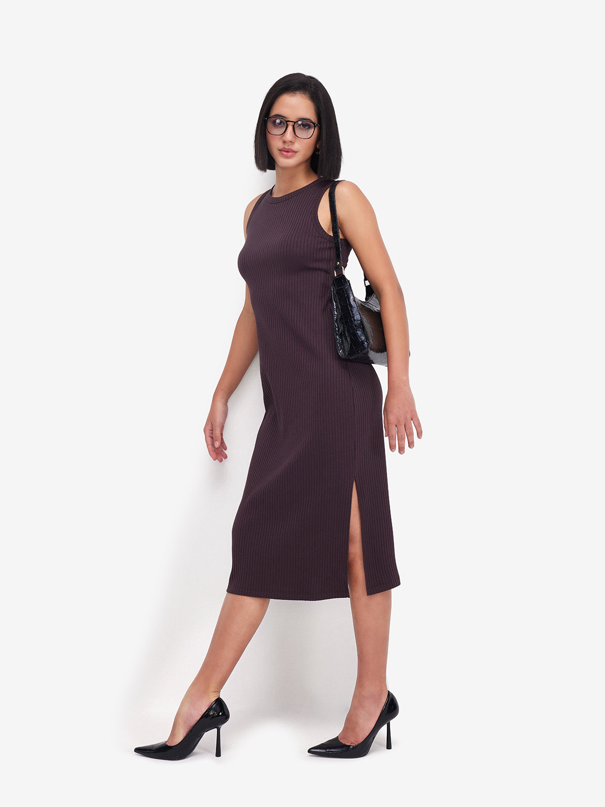 Women Brown Ribbed Side Slit Midi Dress