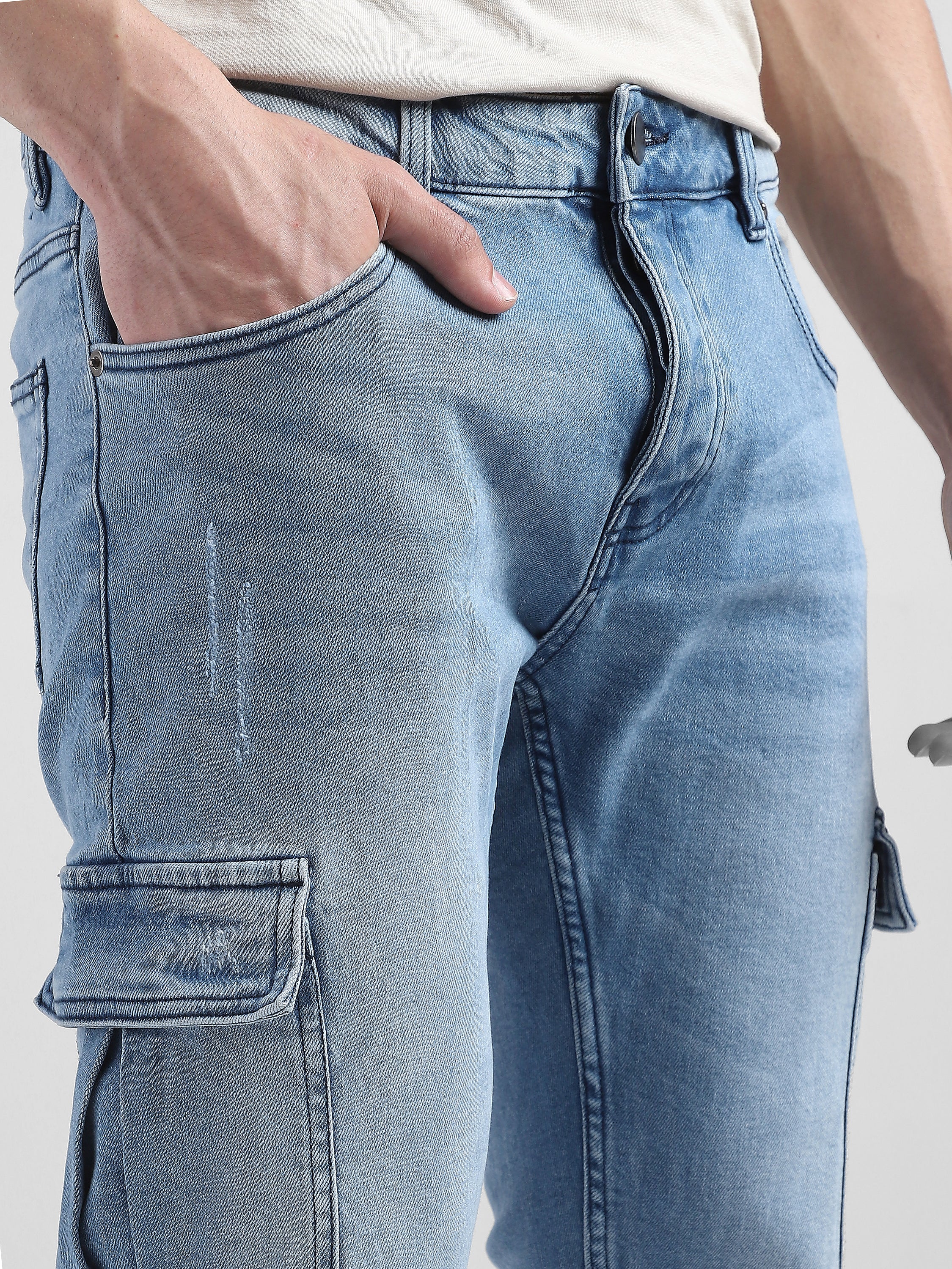 Men Blue Denim Mid Rise Cargo Pants