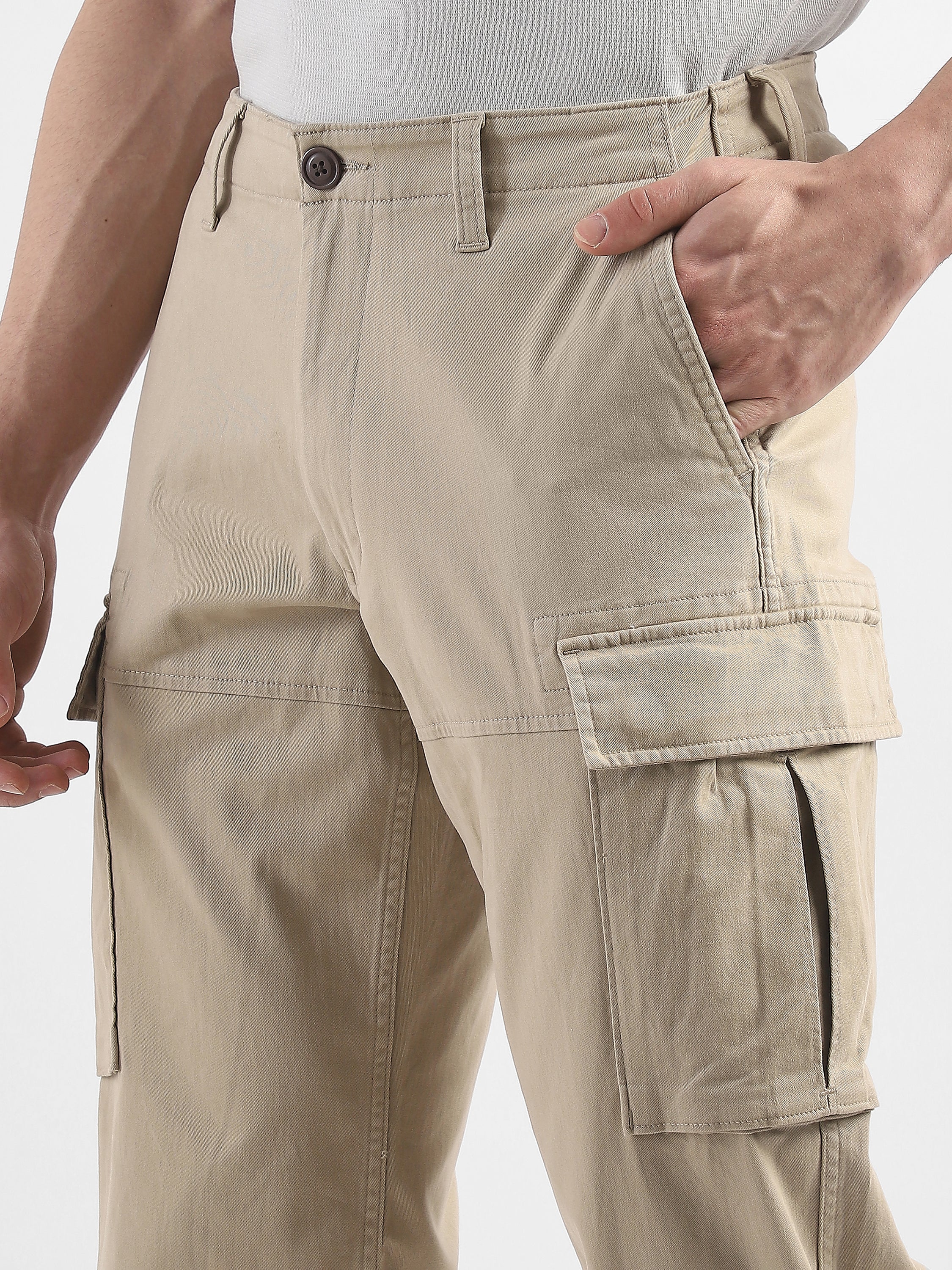 Men Beige Cotton Mid Rise Cargo Pants