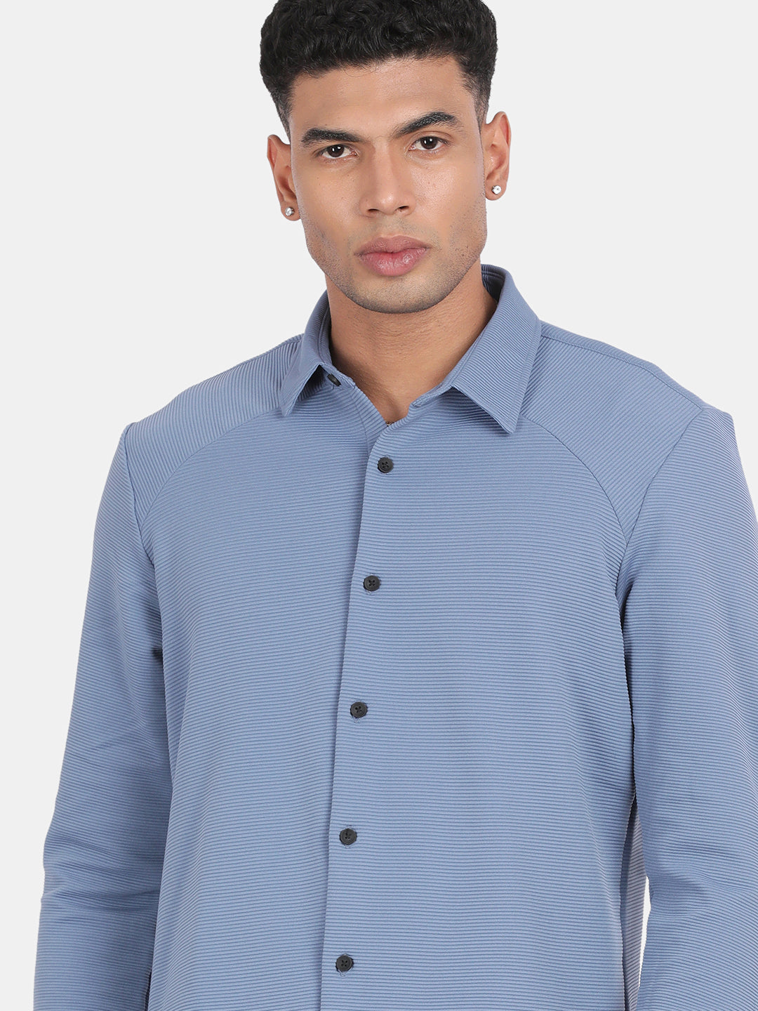 Men Grey Slim Fit Spread Collar Full Sleeve Casual Shirt