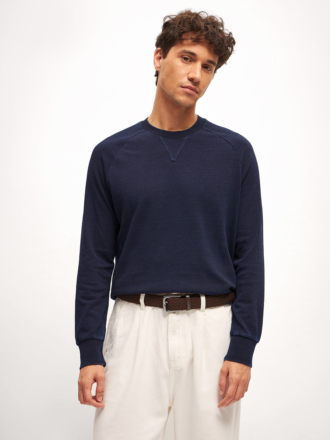 Men Blue Self Design Regular Fit Crew Neck T-Shirt