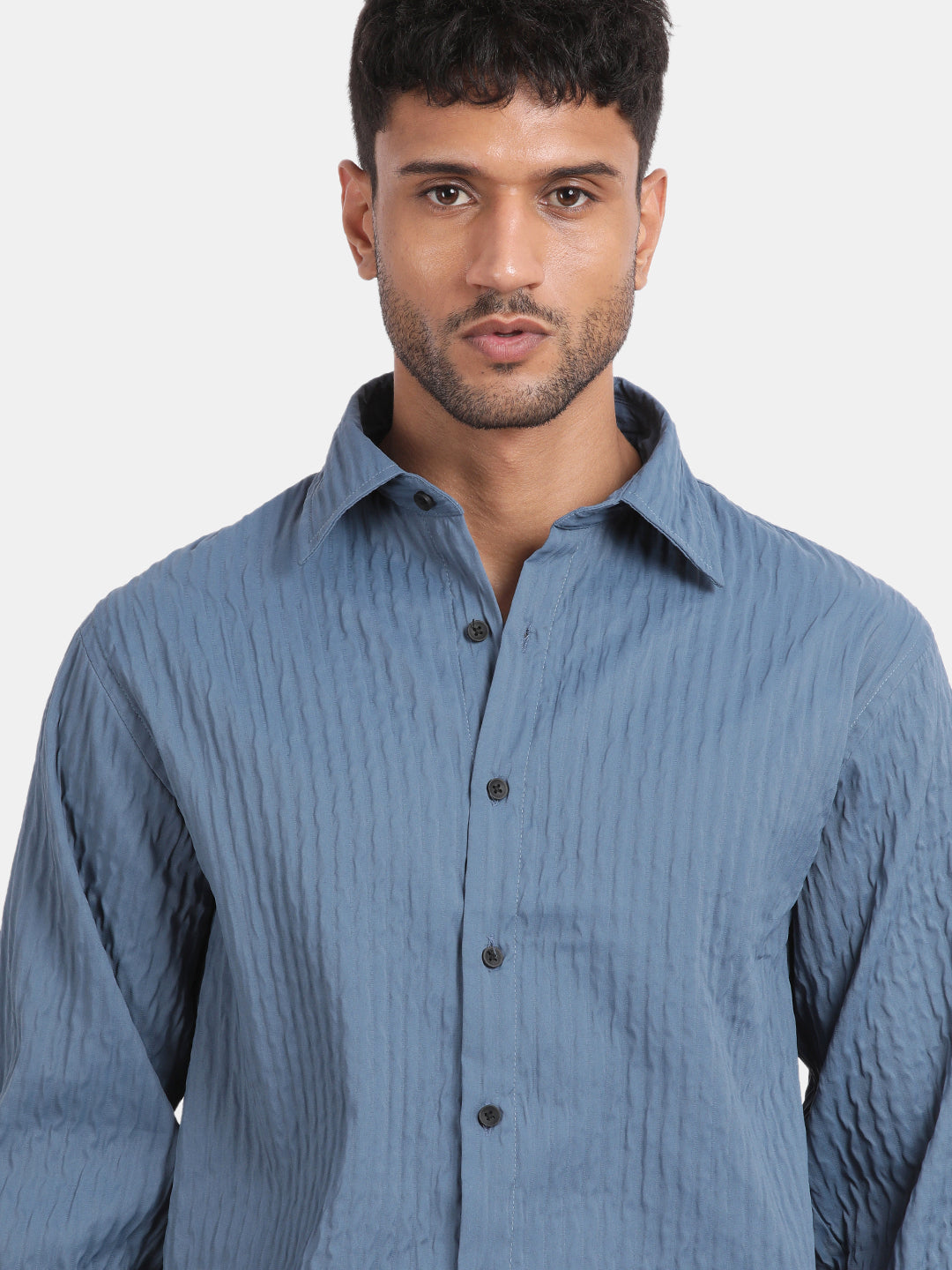 Men Blue Slim Fit Spread Collar Full Sleeve Casual Shirt