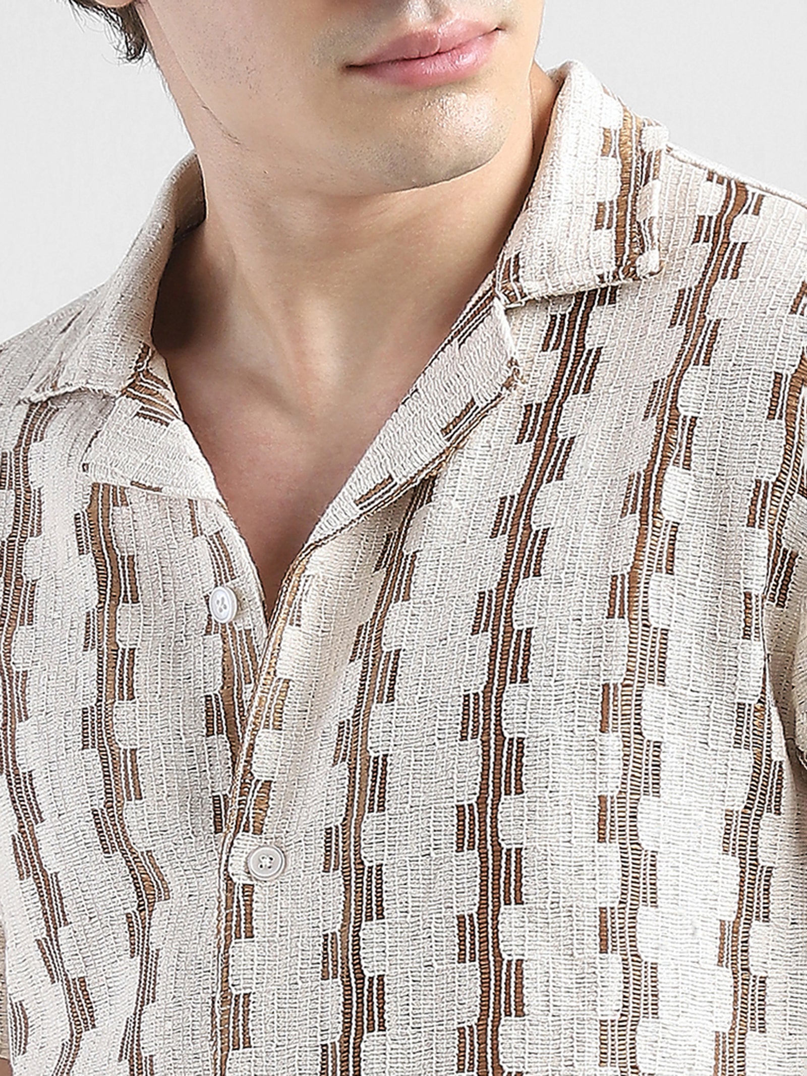 Men Lace See through Brown Casual Shirt