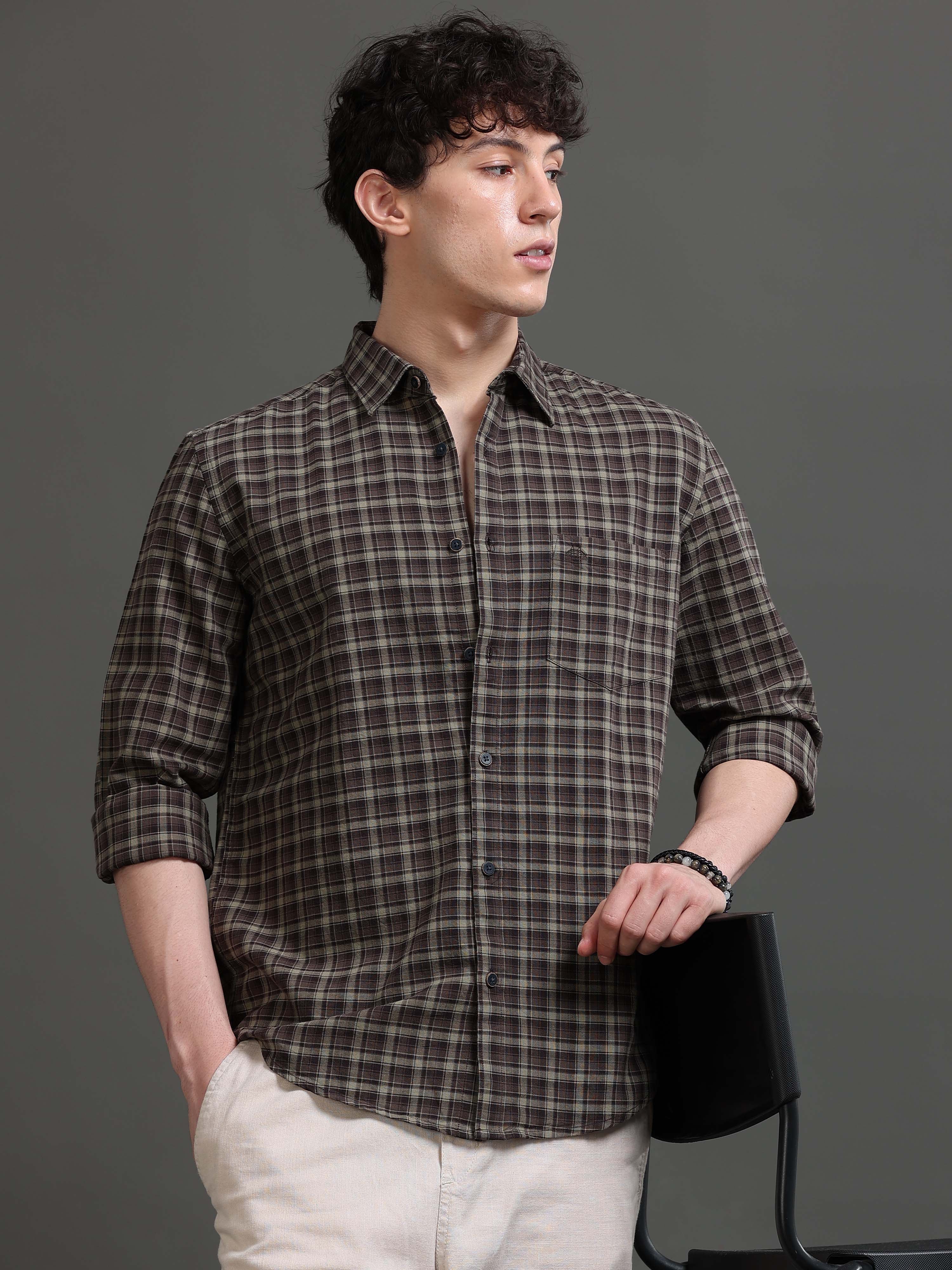 Men Brown Checked Shirt