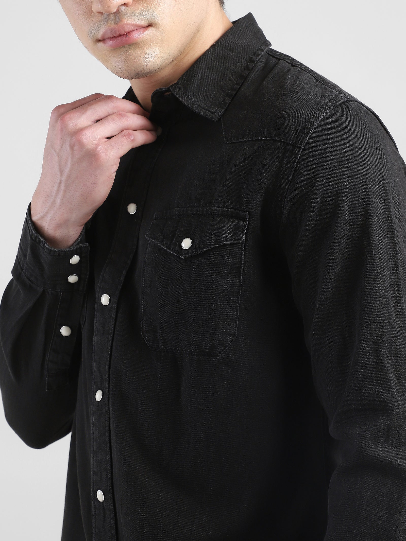 Men Denim Black Regular Fit Shirt with Two Pockets