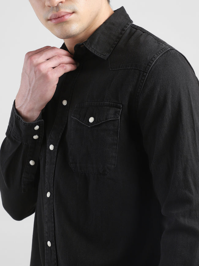 Men Denim Black Regular Fit Shirt with Two Pockets
