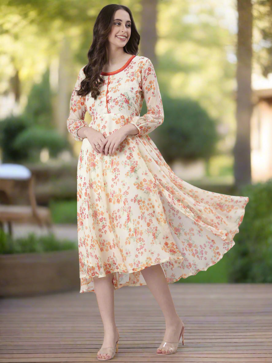 Women Cream Floral Printed Fit & Flare Dress