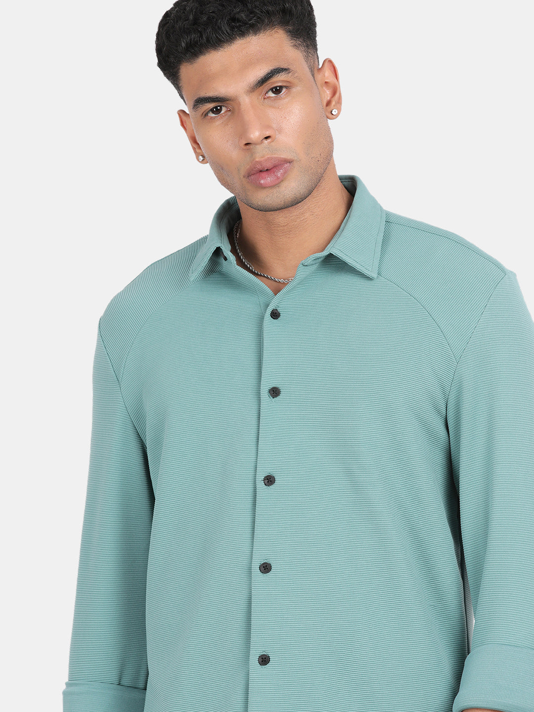 Men Light Green Slim Fit Spread Collar Full Sleeve Casual Shirt