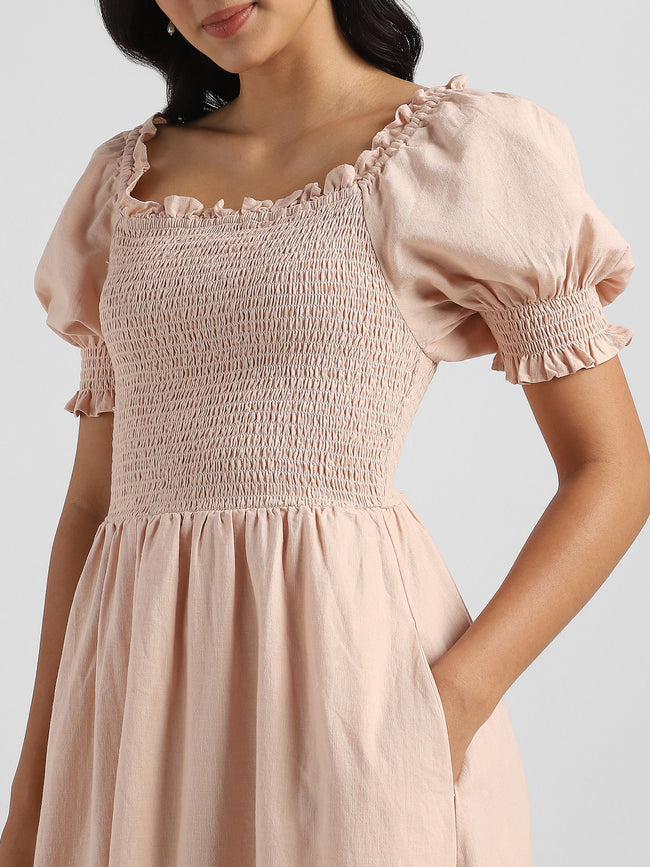 Women Solid Peach Baloon Sleeve Maxi Dress