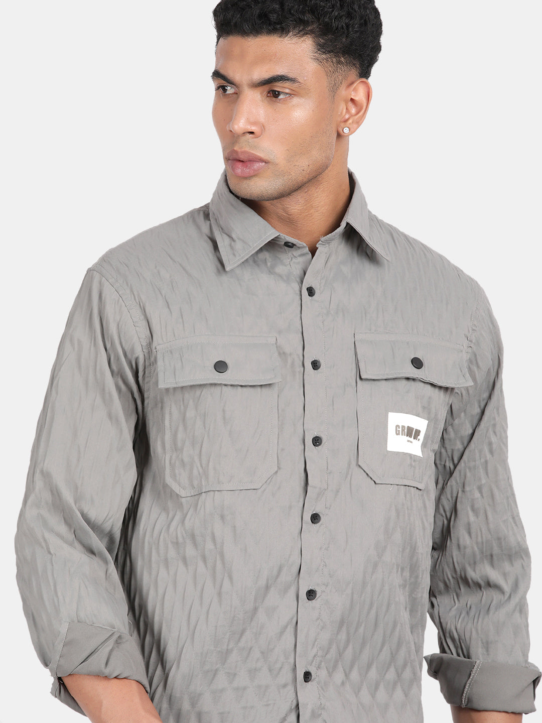 Men Grey Slim Fit Spread Collar Full Sleeve Casual Shirt