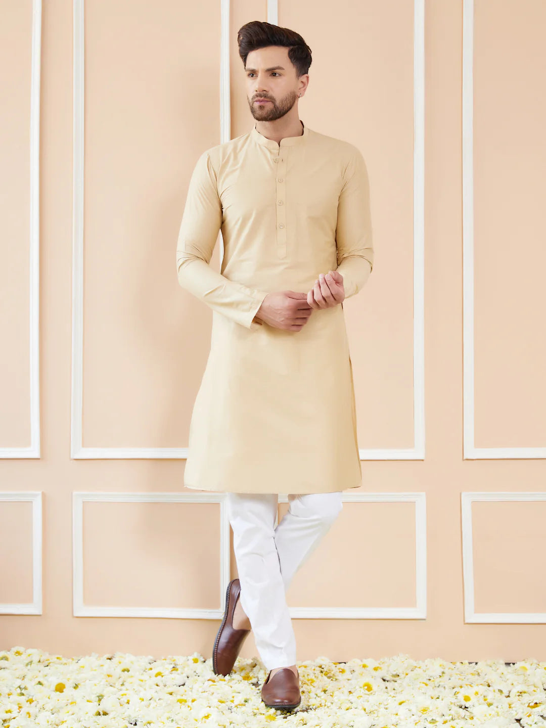 Men Cream Cotton Solid Straight Kurta