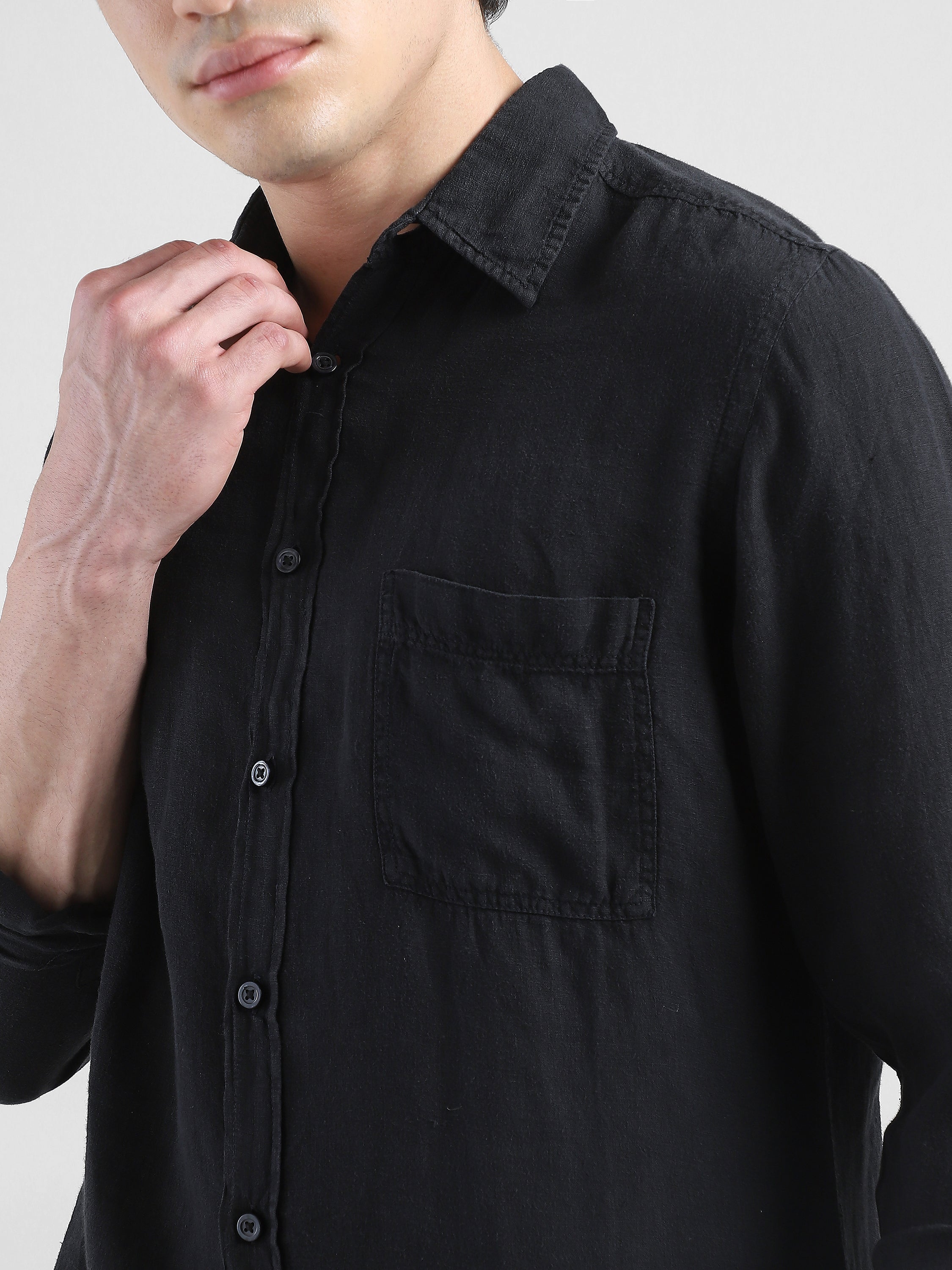 Men 100% Linen Black Regular Fit Shirt