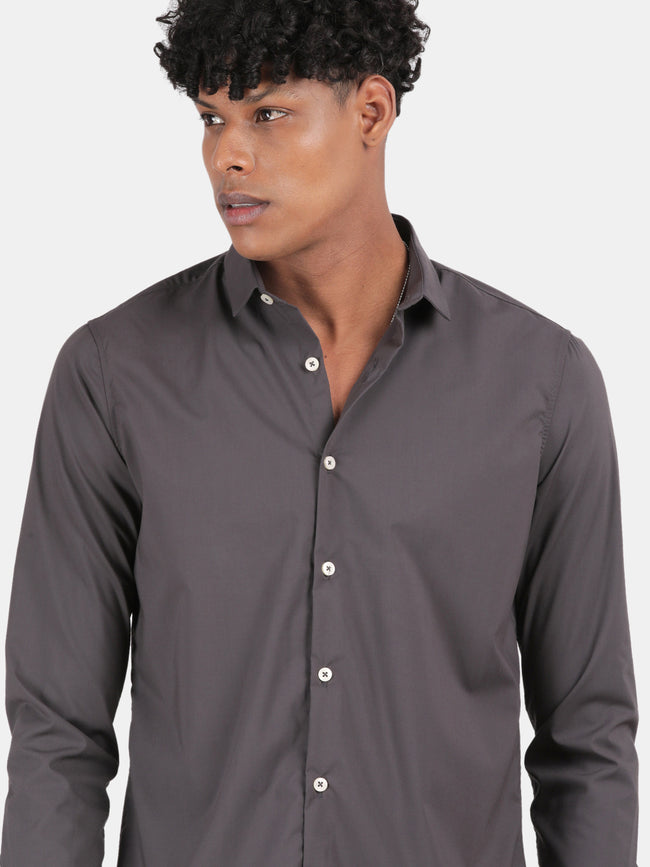 Men Dark Grey Slim Fit Spread Collar Full Sleeve Casual Shirt