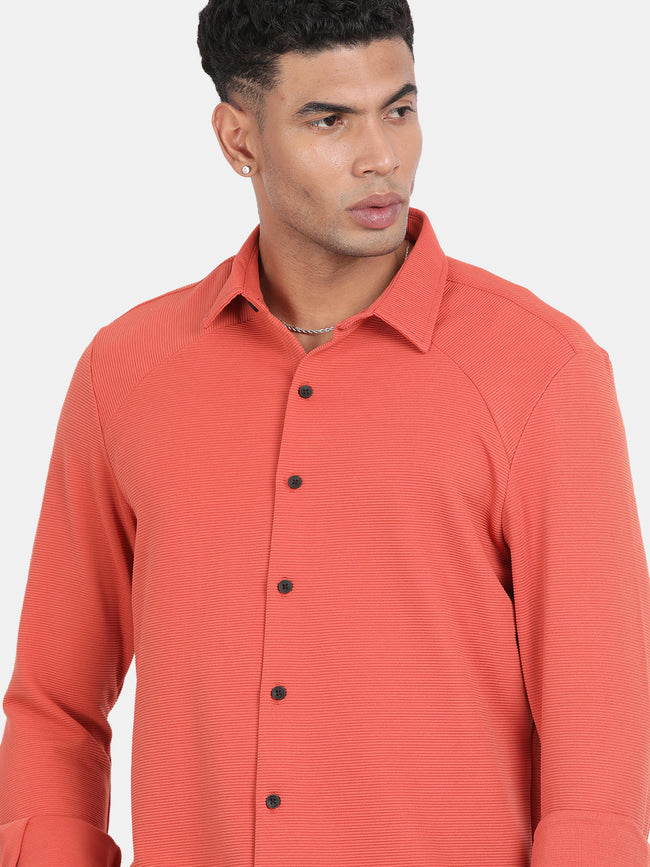 Men Peach Slim Fit Spread Collar Full Sleeve Casual Shirt