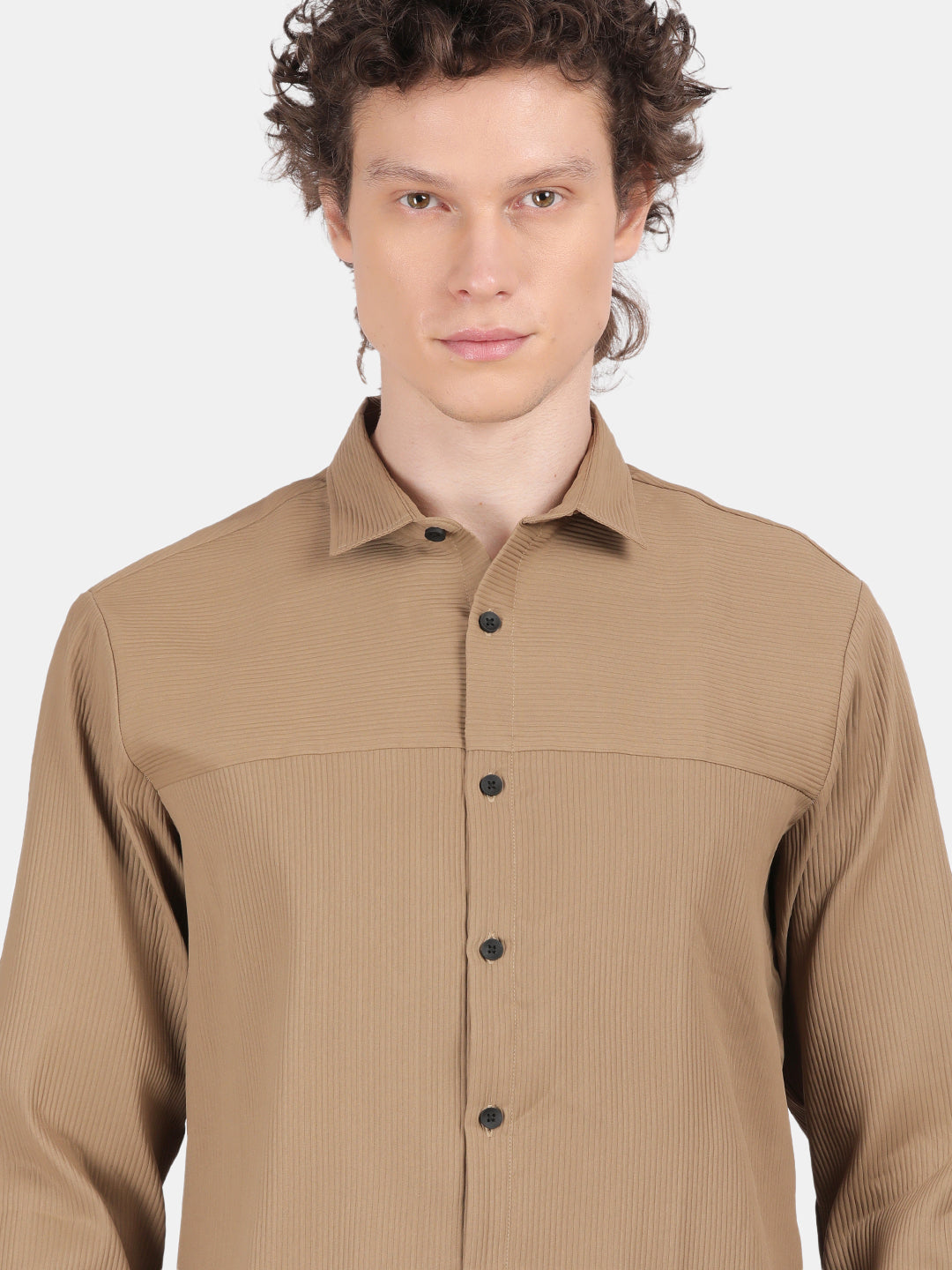Men Khaki Slim Fit Spread Collar Full Sleeve Casual Shirt