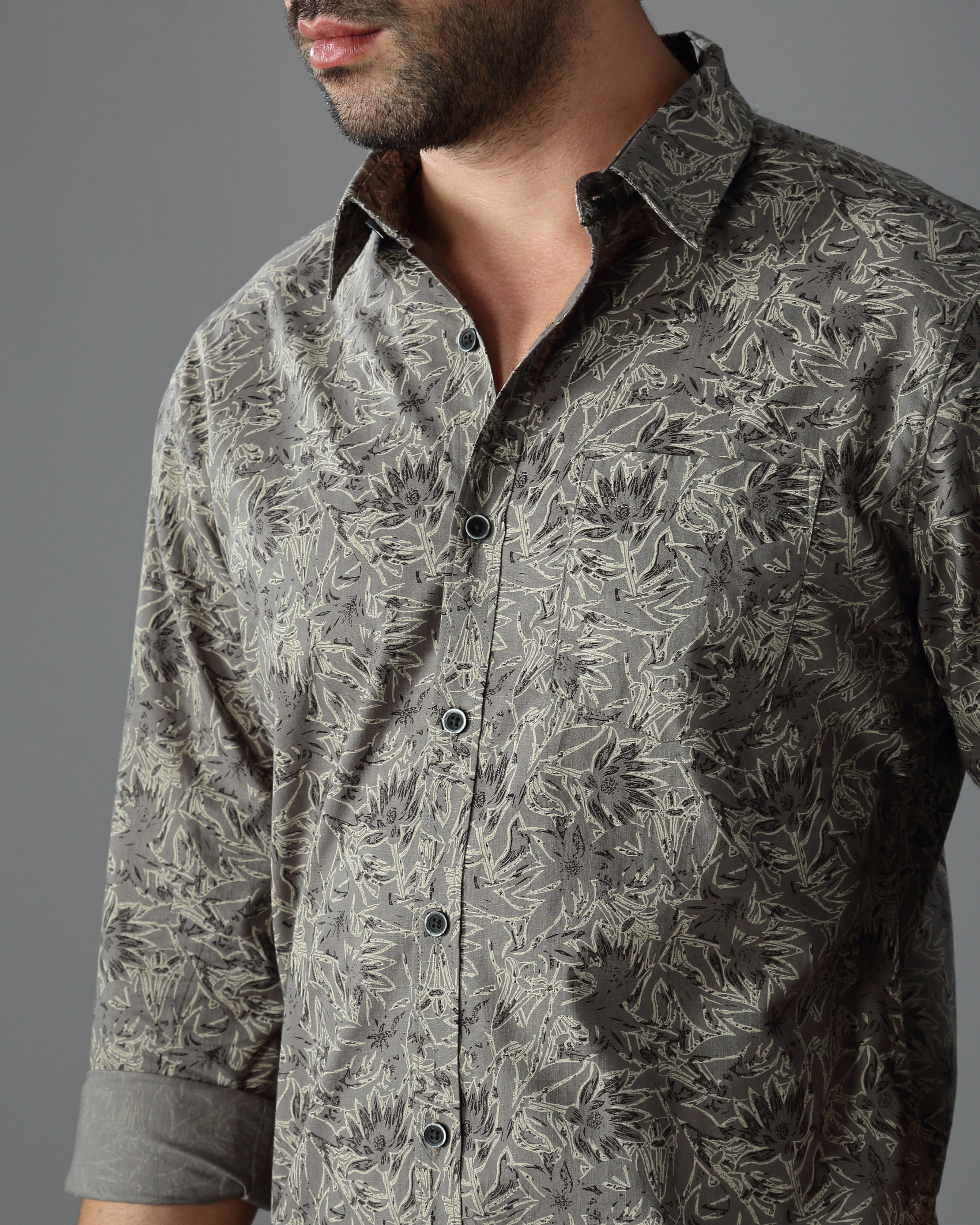 Men Grey Cotton Slim Shirt