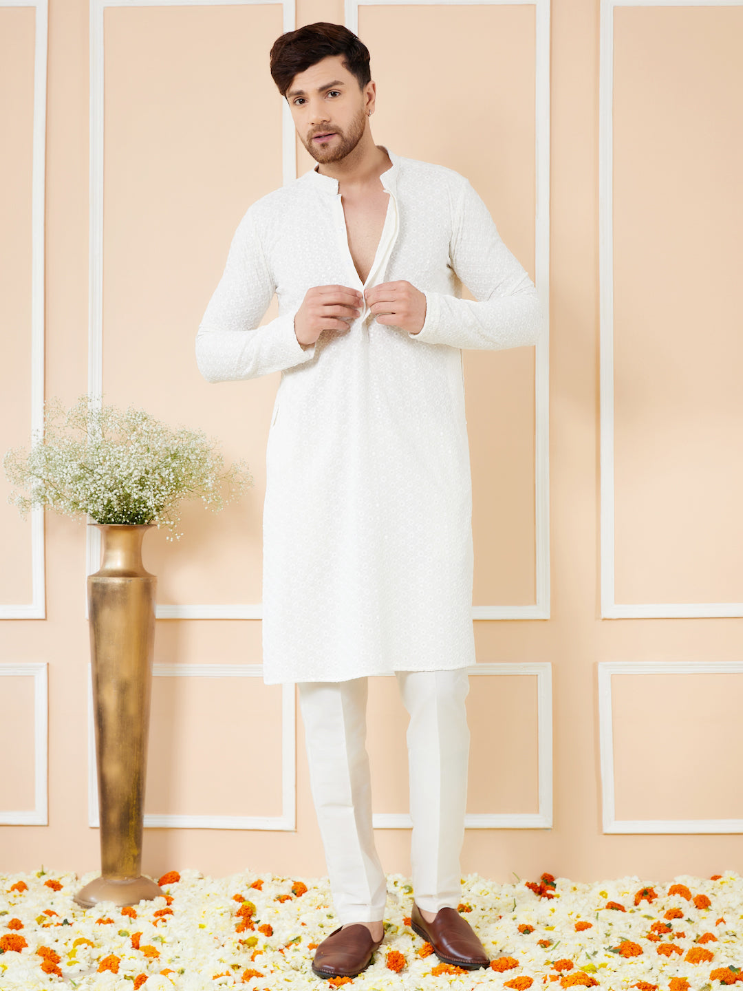 Men  White Embroidered Sequined Rayon Kurta