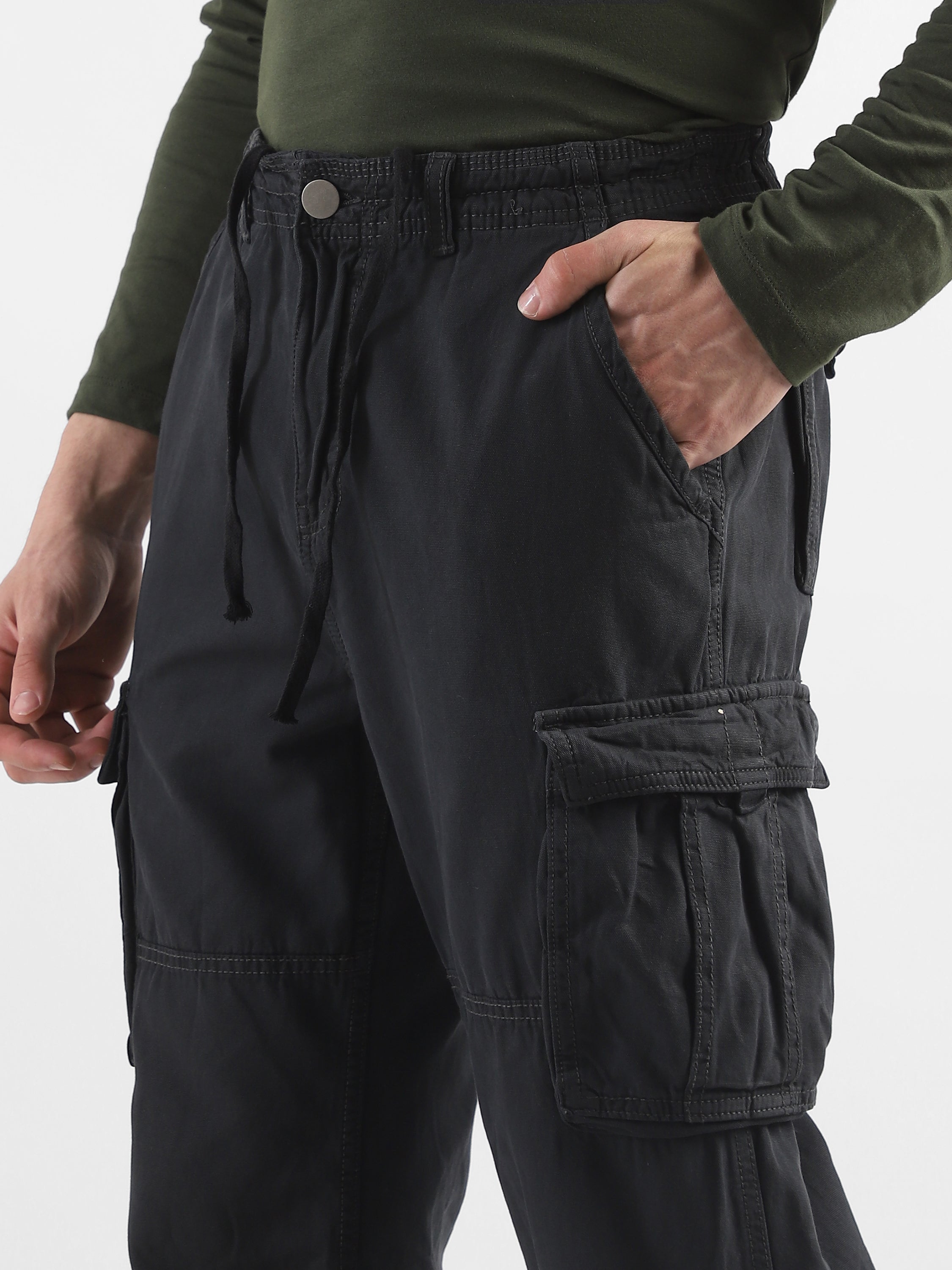 Men Black Cotton Blend Cargo Pants with 8 Pockets