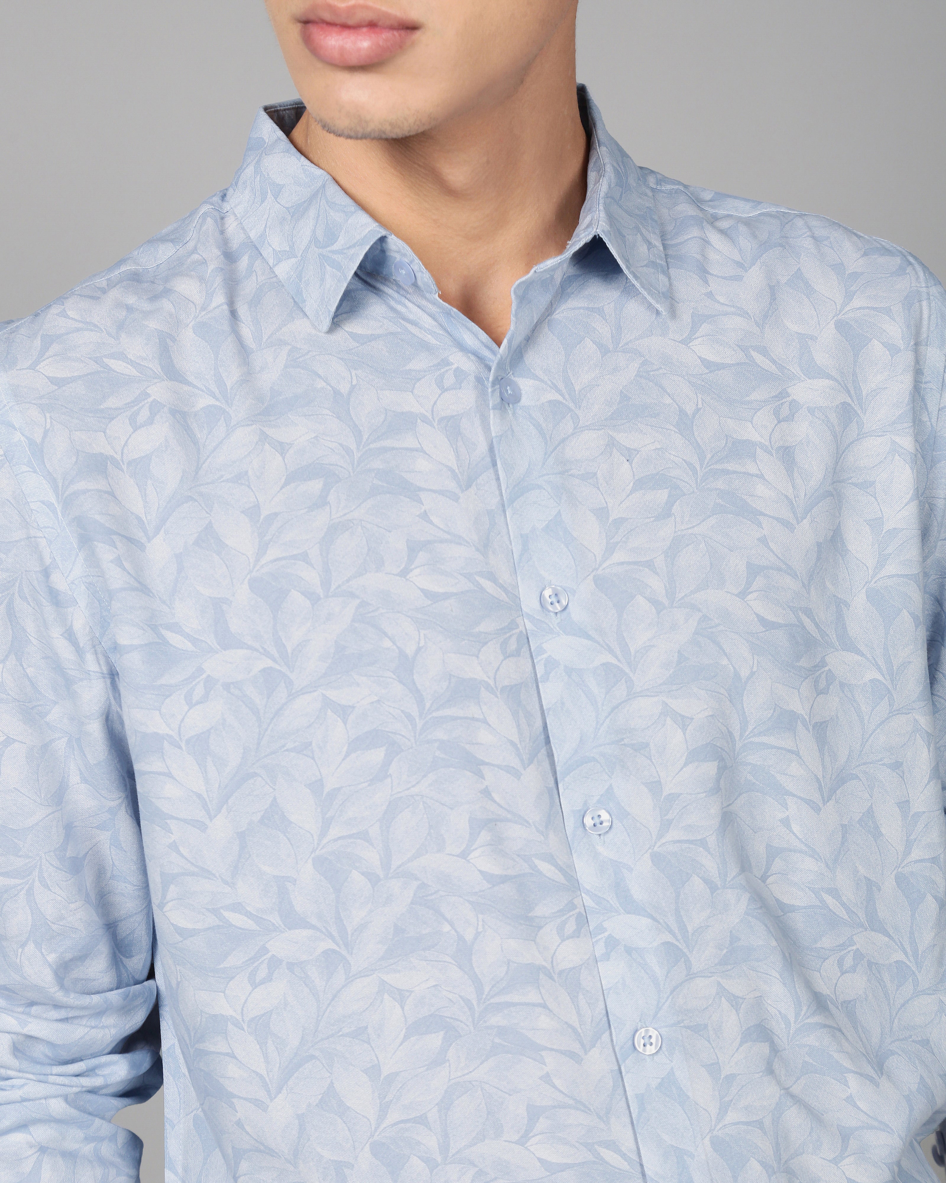Men Blue Leaf Print Shirt