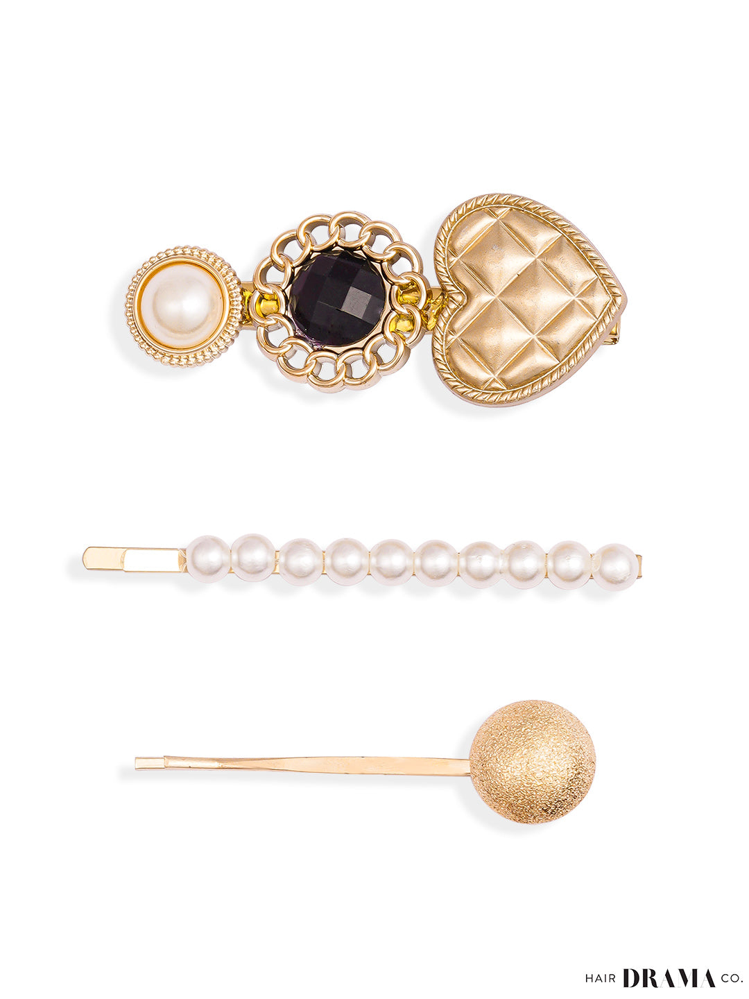 Women Black Heart Gold Pins Set Of 3